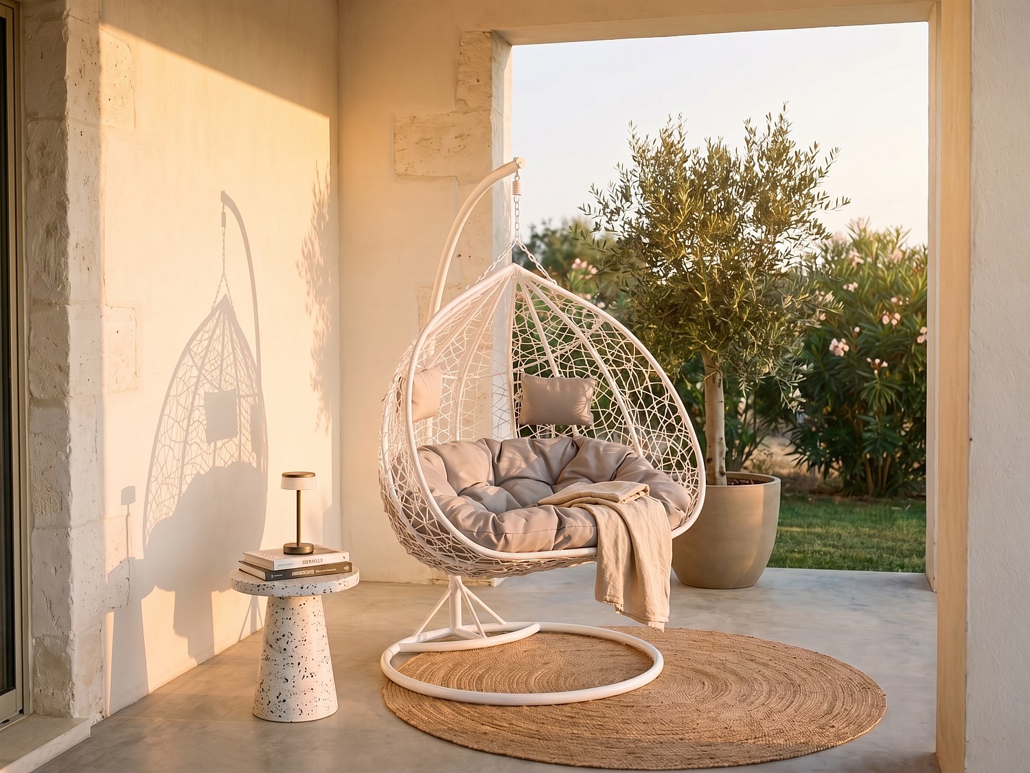 Hängesessel 2-Sitzer Polyrattan - Weiß mit grauen Kissen - CAYAMBE von MYLIA