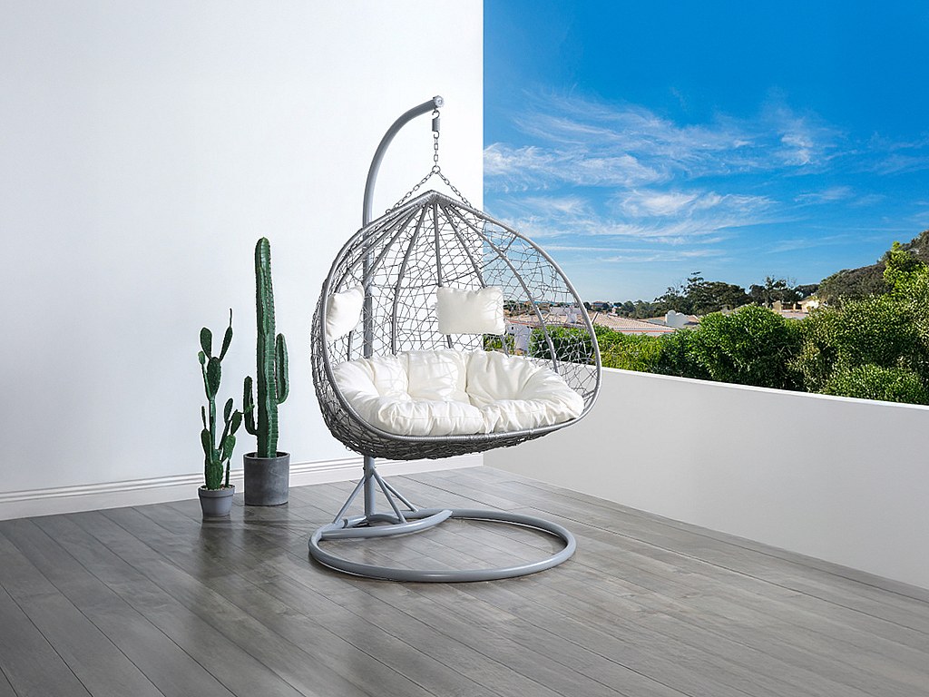 Hängesessel 2-Sitzer Polyrattan - Grau mit weißen Kissen - CAYAMBE von MYLIA