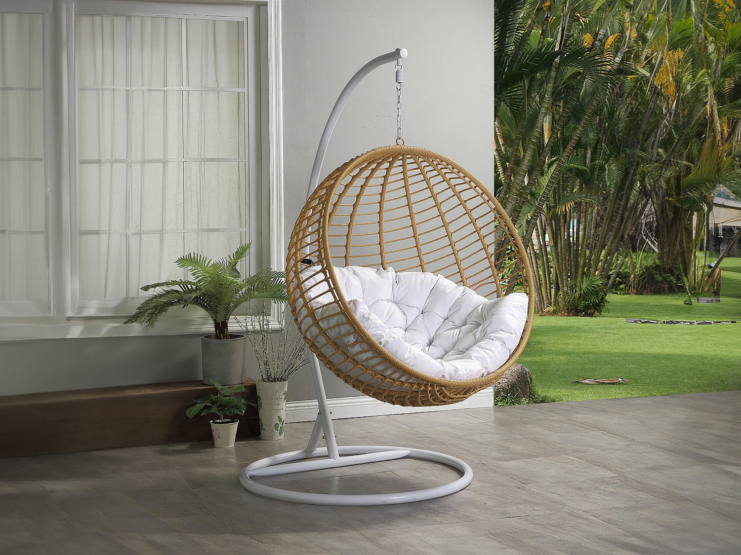Hängesessel - Polyrattan - Natur hell mit weißen Kissen - BONTOC von MYLIA