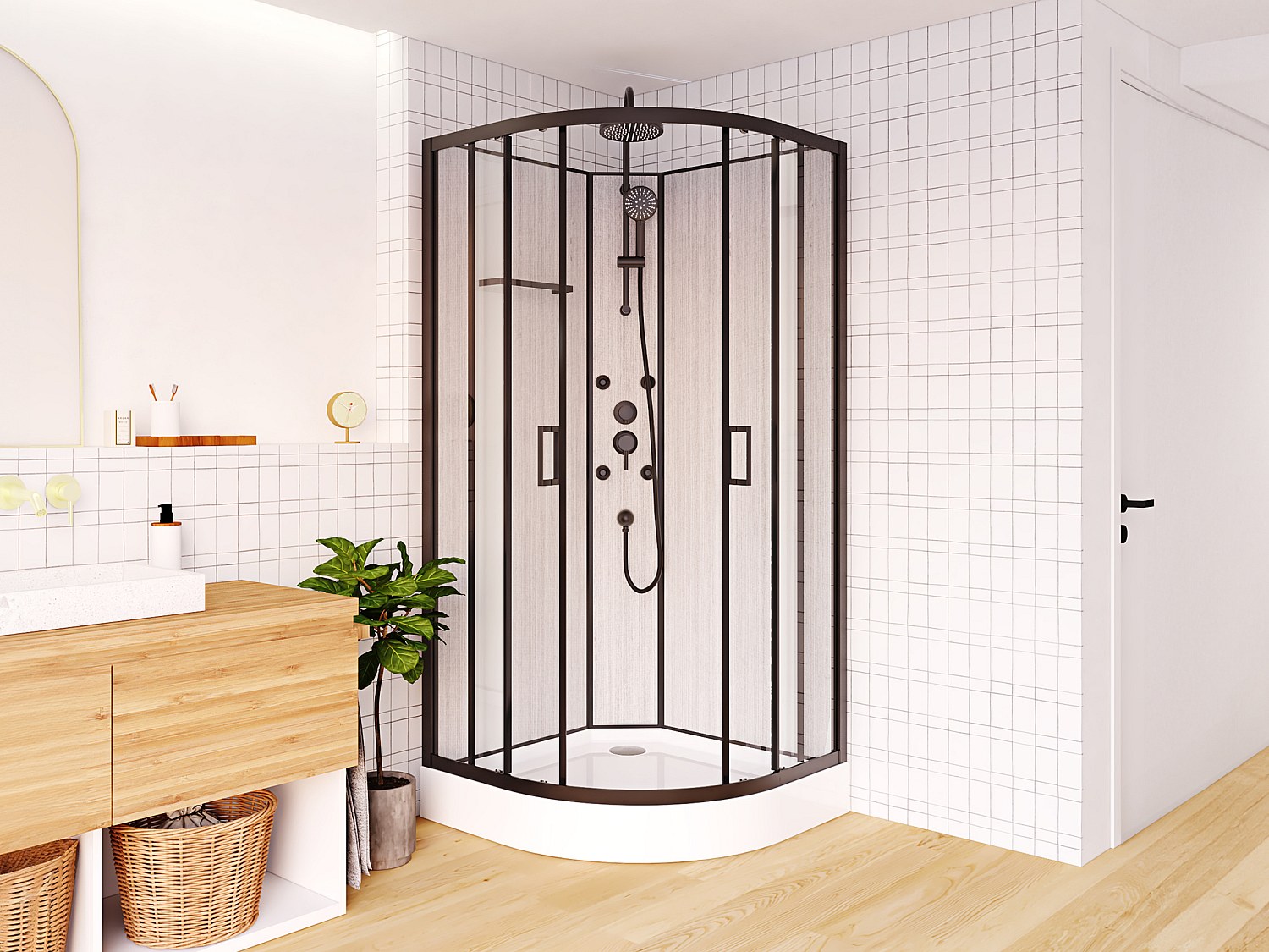 Duschkabine mit Hydromassage - Bambusfasern - Schwarz matt - 80 x 80 x 225 cm - ZALIFA