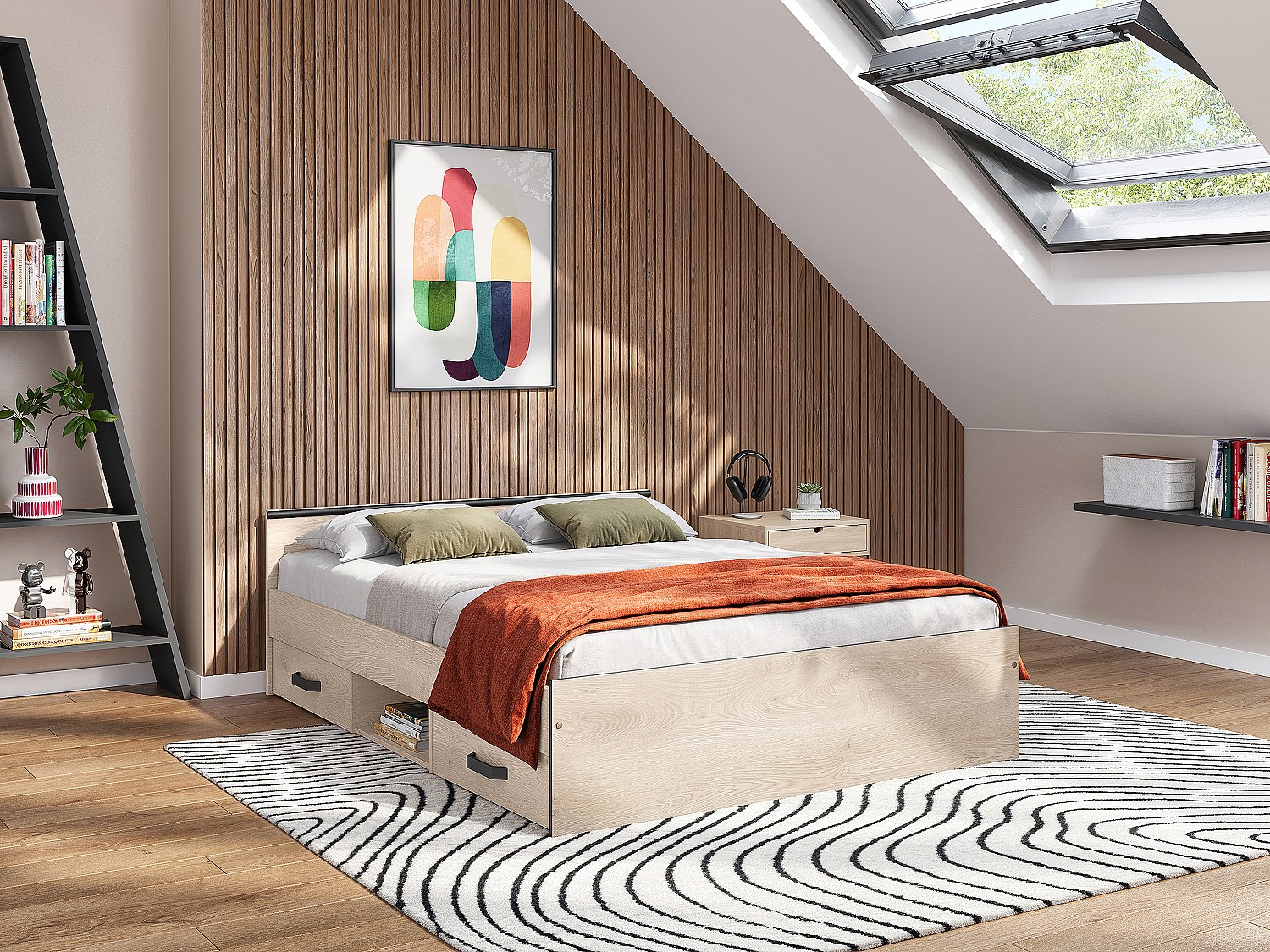 Bett mit 2 Schubladen & 1 Ablage - 140 x 190 cm - Naturfarben - PABLO