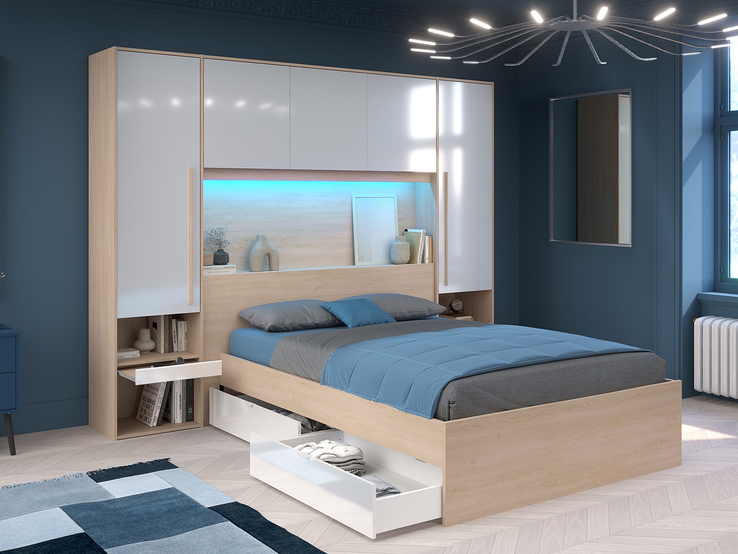 Bett mit Stauraum 140 x 190 cm mit LED-Beleuchtung + Lattenrost - Holzfarben & glänzend weiß - VELONA