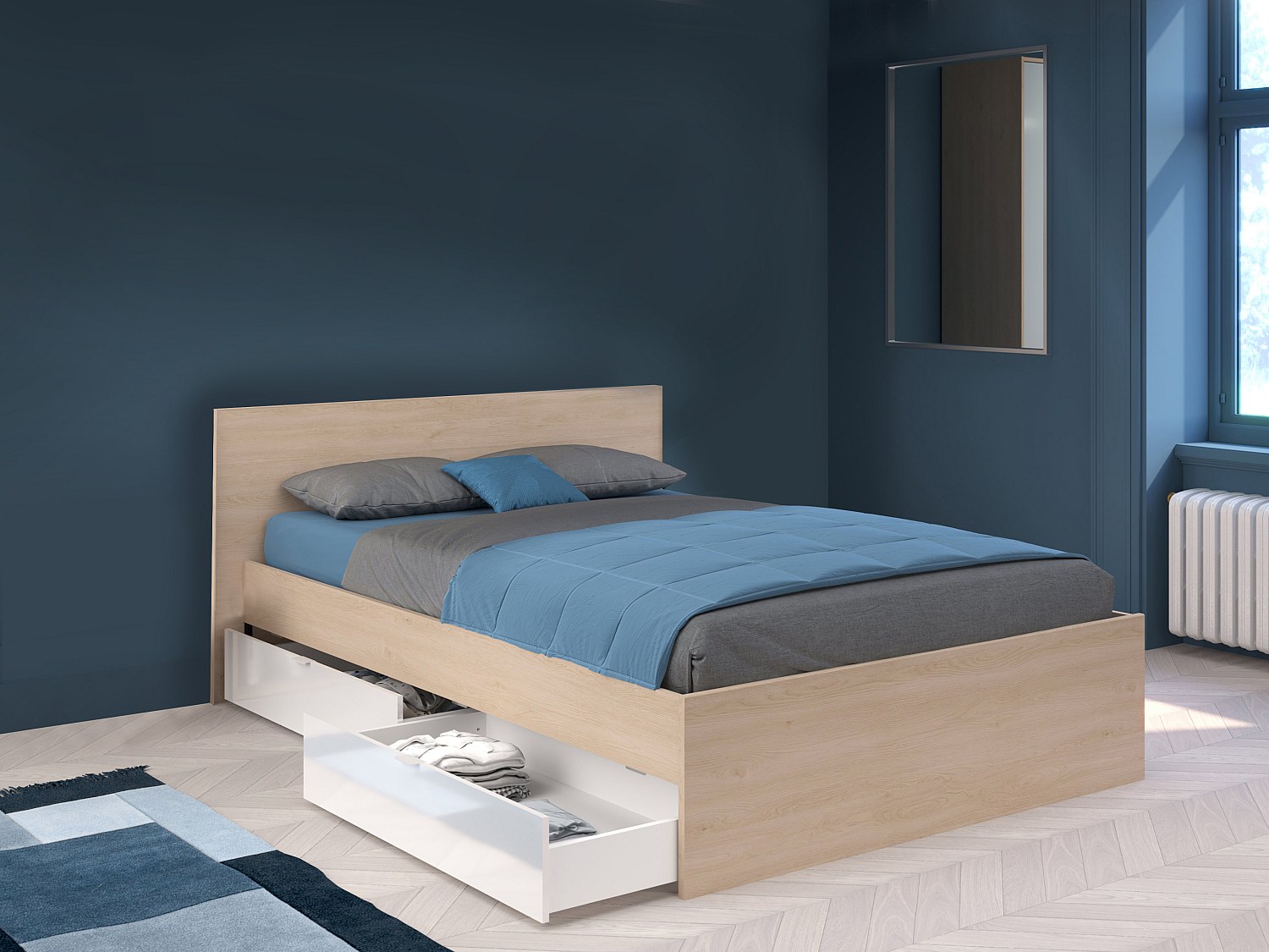 Bett mit 2 Schubladen 140 x 190 cm + Lattenrost - Holzfarben & glänzend weiß - VELONA