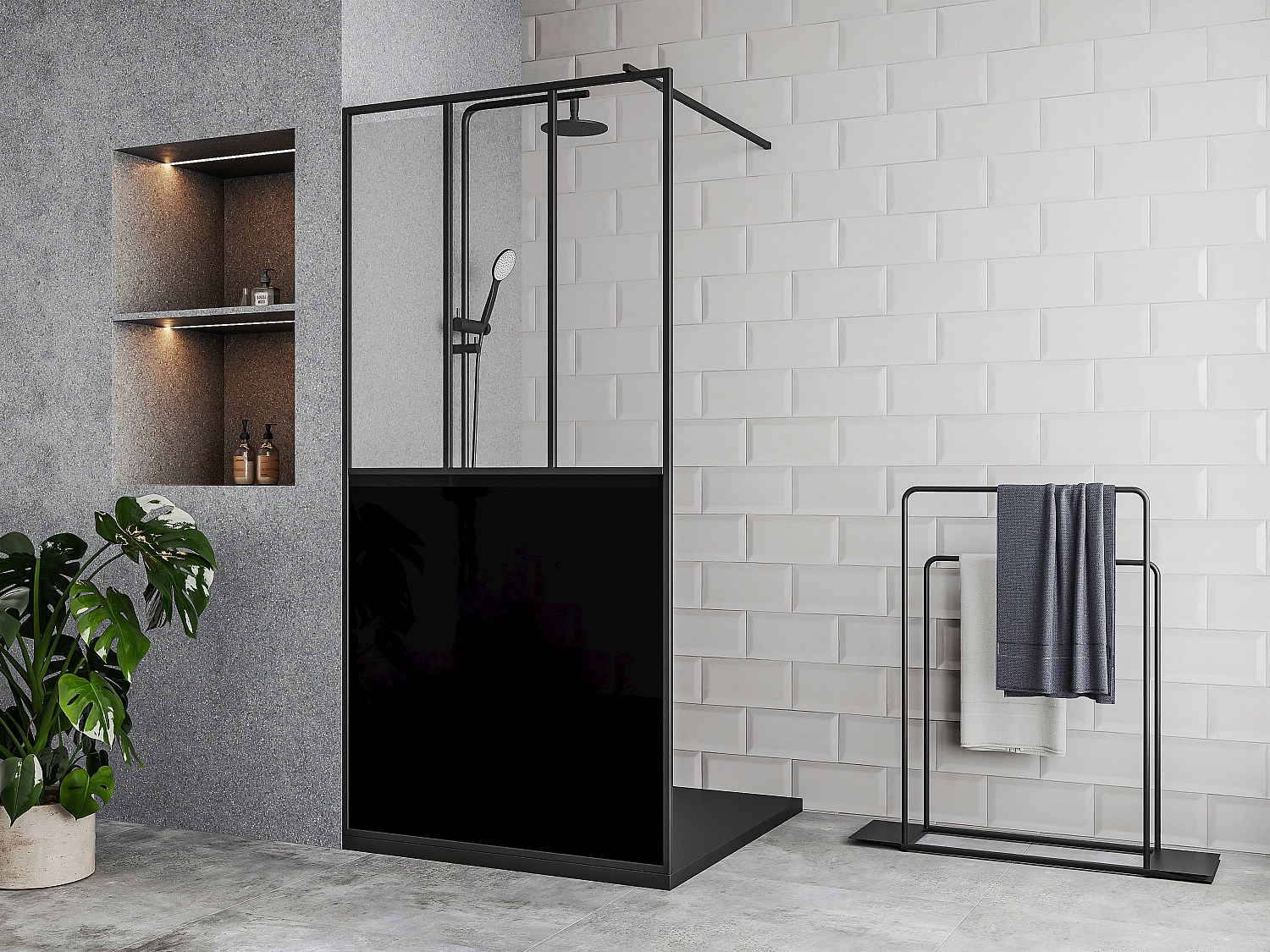 Duschtrennwand Seitenwand italienische Dusche - Schwarz matt - Industrial Style - 100 x 200 cm - URBANIK