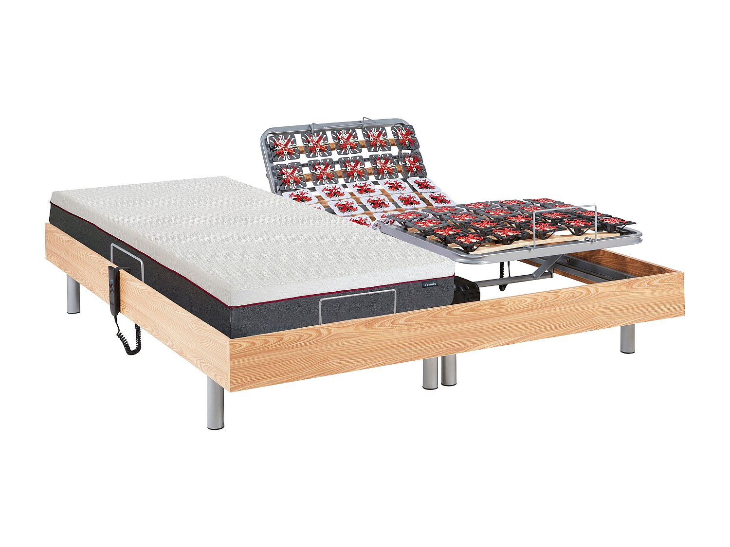 Relaxbett elektrisch - Matratzen mit Memory Schaum - ATRIDE von Ysmée - mit OKIN-Motor - Holzfarben natürlich - 2 x 80 x 200 cm