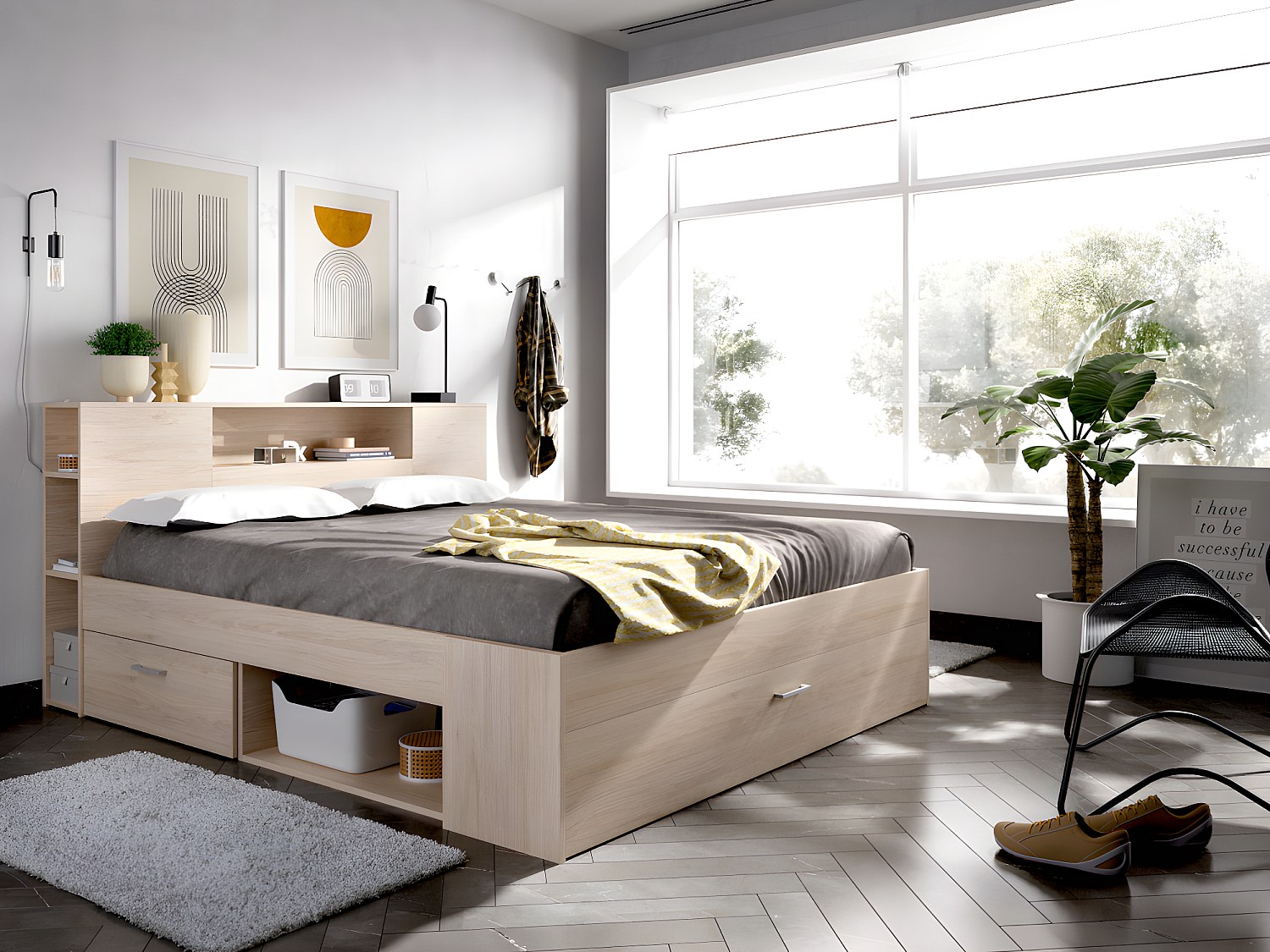 Bett mit Kopfteil, Stauraum & Schubladen - 140 x 190 cm - Naturfarben - LEANDRE