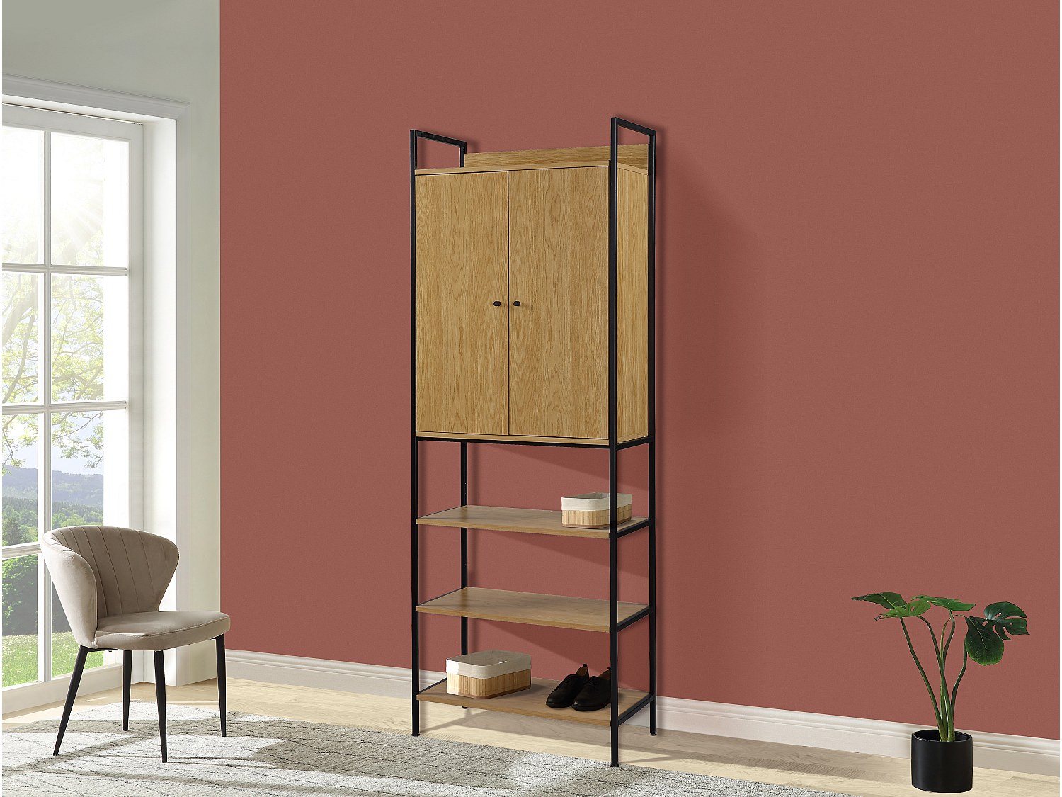 Garderobe mit 2 Türen, 3 Regale & 1 Garderobe - Eichefarben & Schwarz - TAPORA
