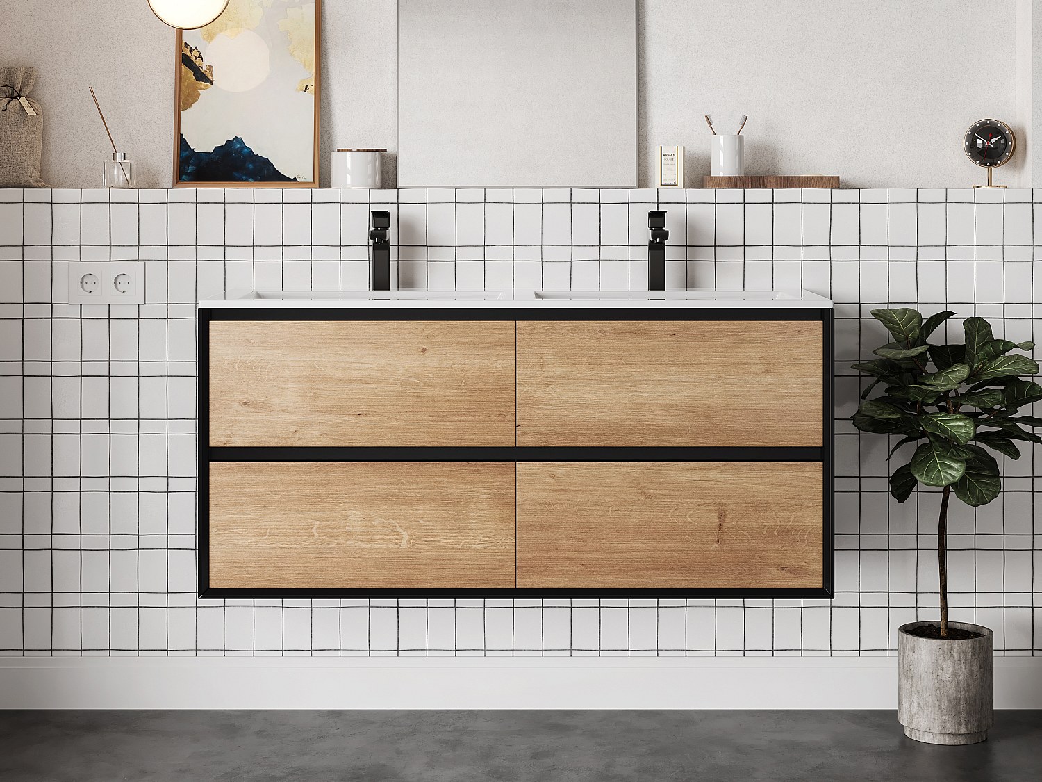 Hängendes Badezimmermöbel mit Einbau-Waschbecken - Helle Naturfarben & Schwarz - 120 cm - LANNICK