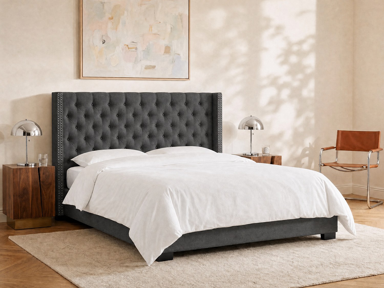 Polsterbett mit gestepptem Kopfteil + Matratze - 180 x 200 cm - Stoff - Grau - MASSIMO II