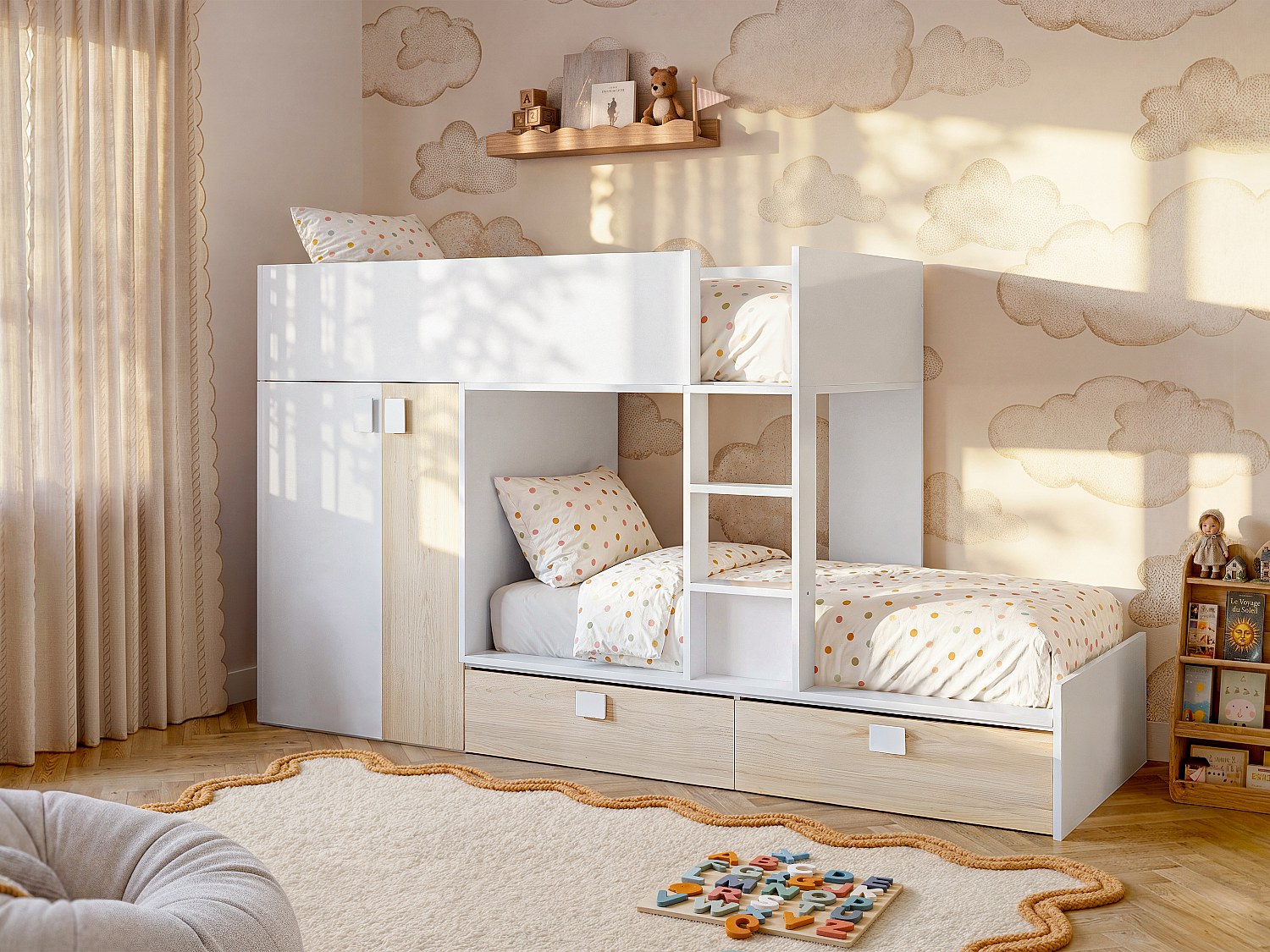 Etagenbett mit Kleiderschrank - 2x 90 x 190 cm - Weiß & Naturfarben - JUANITO