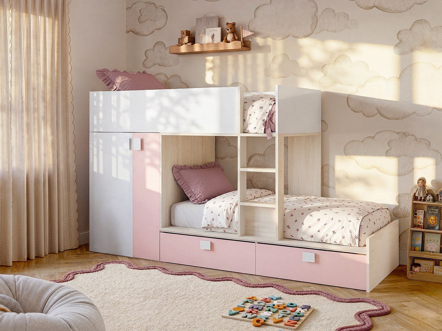 Etagenbett mit Kleiderschrank - 2x 90 x 190 cm - Weiß, Naturfarben & Rosa - JUANITO