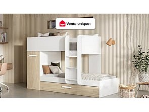 Etagenbett Ausziehbett mit Stauraum - 3x 90 x 190 cm - Weiß & Naturfarben - ANTHONY
