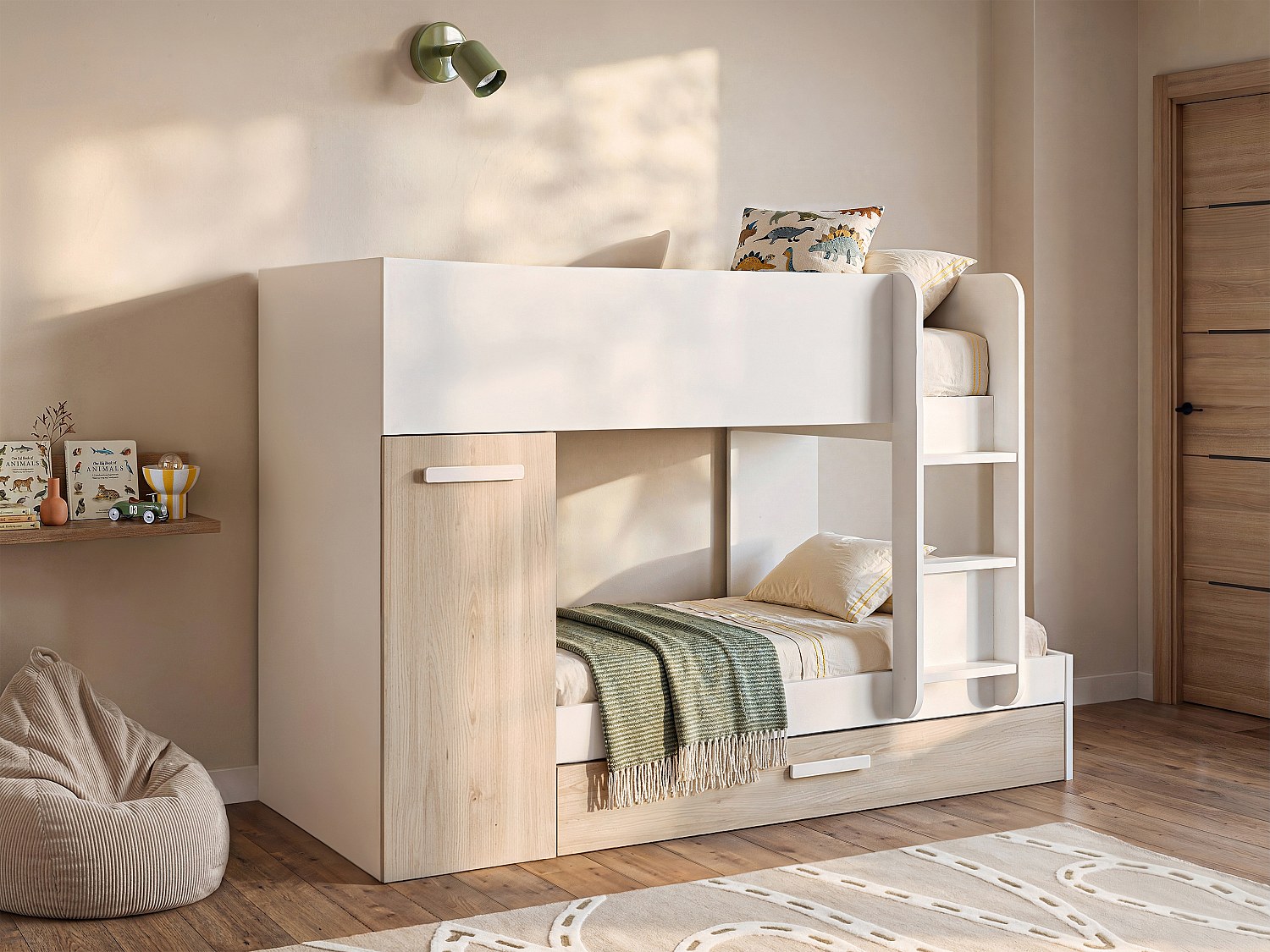 Etagenbett Ausziehbett mit Stauraum - 3x 90 x 190 cm - Weiß & Naturfarben - ANTHONY