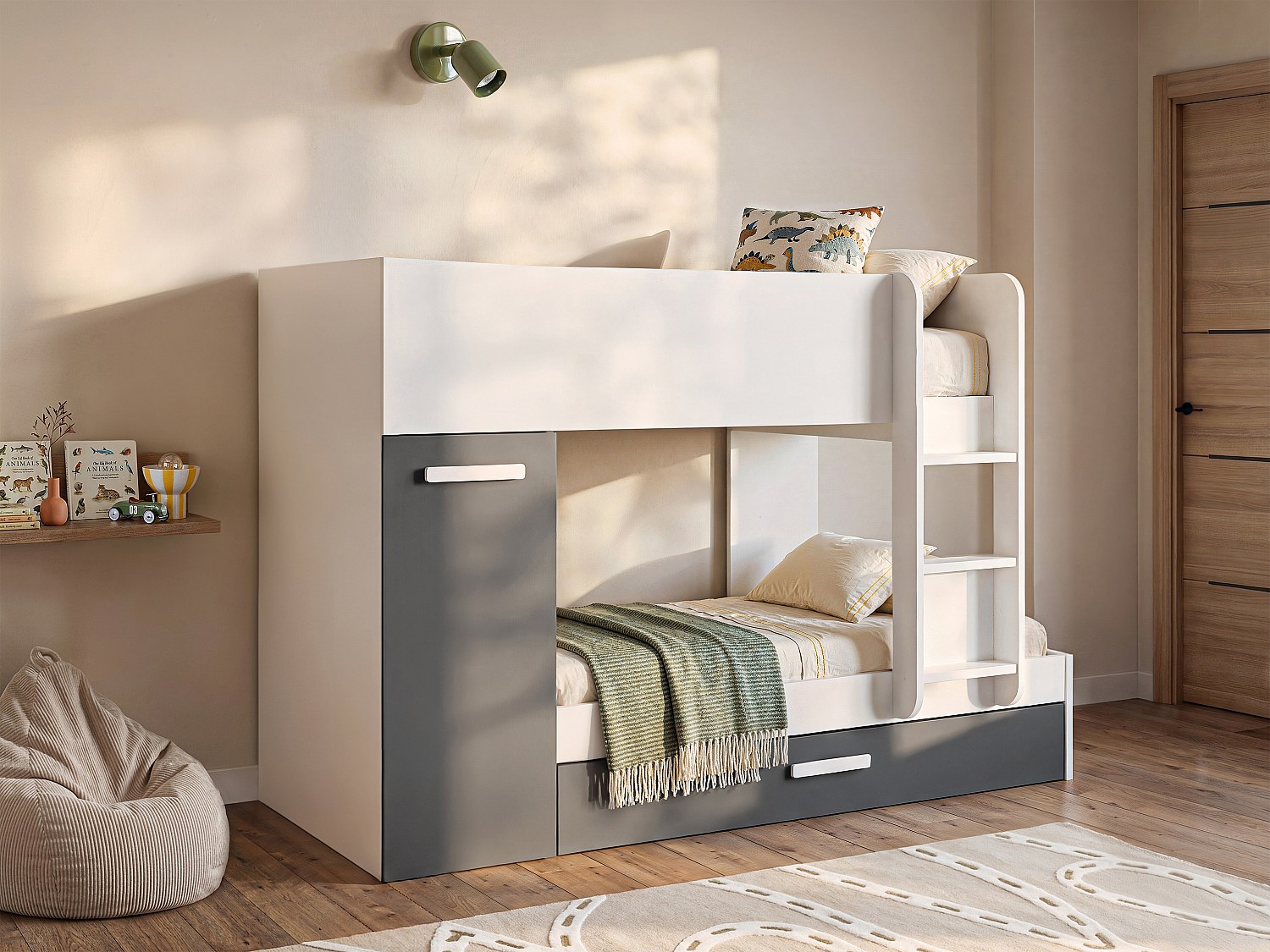 Etagenbett Ausziehbett mit Stauraum - 3 x 90 x 190 cm - Weiß & Anthrazit - ANTHONY