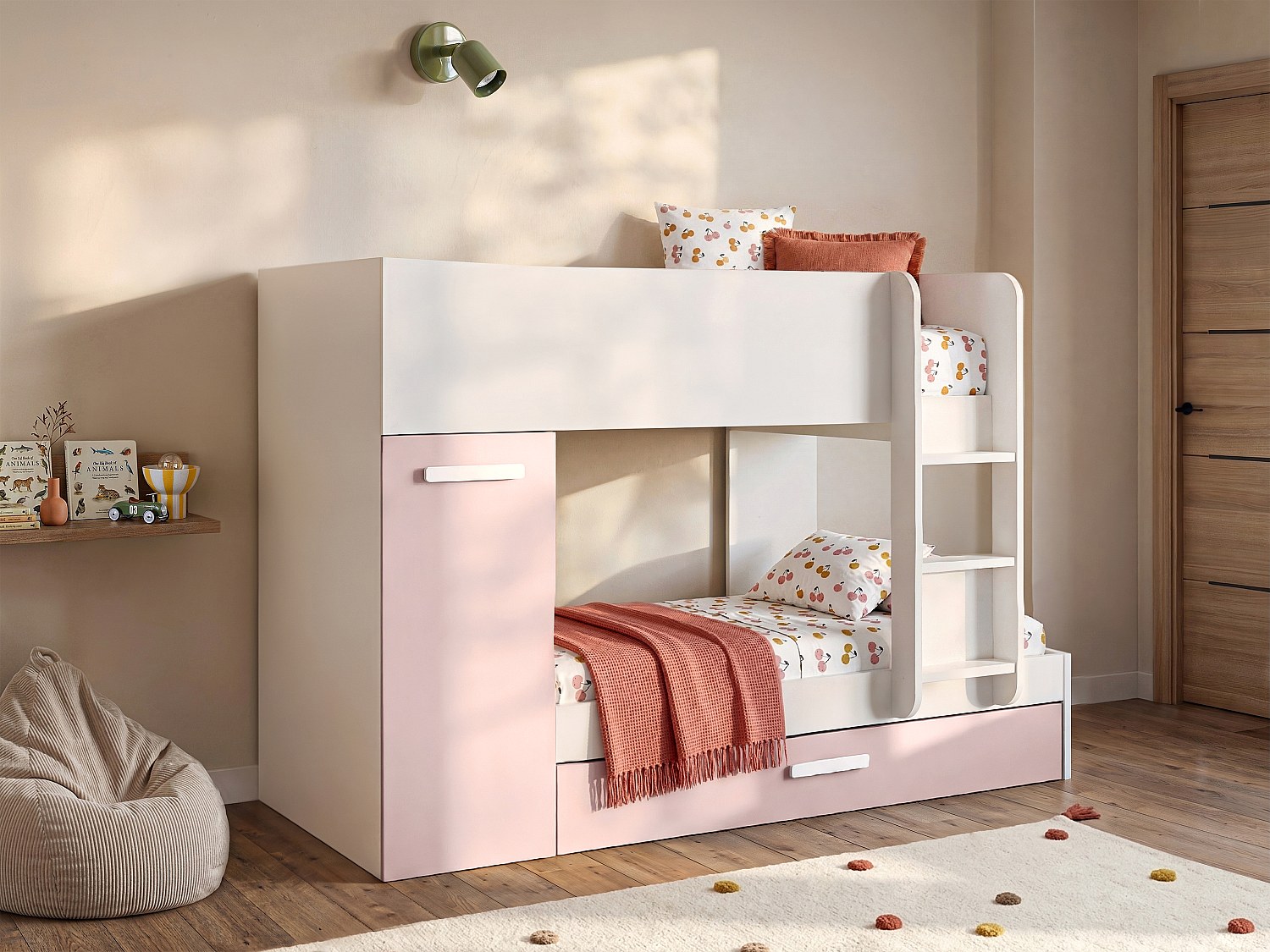 Etagenbett Ausziehbett mit Stauraum - 3x 90 x 190 cm - Weiß, Naturfarben & Rosa - ANTHONY