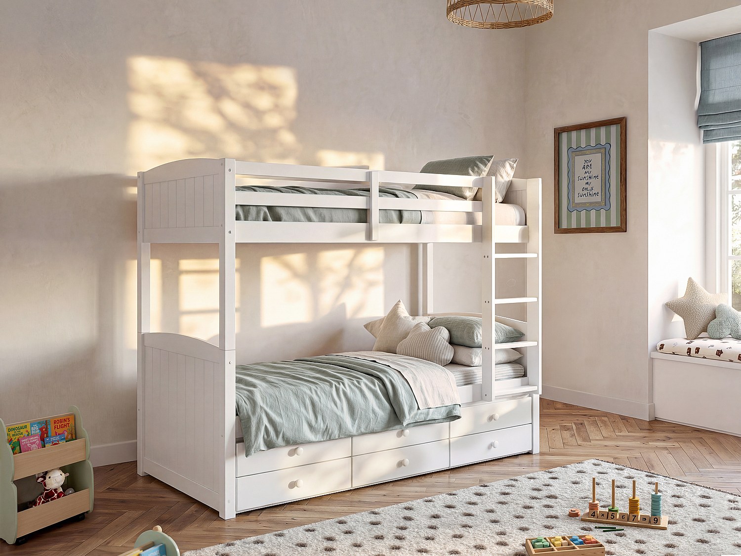 Etagenbett Stapelbett mit Lattenrost & Stauraum - 2x 90 x 190 cm - Kiefernholz - Weiß - ANCHISE II