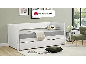 Ausziehbett - 90 x 190 cm oder 174 x 190 cm - mit ausziehbarem Lattenrost und Schublade - Kiefer & MDF - Weiß - ALFIERO II