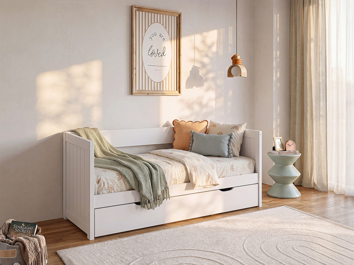 Ausziehbett - 90 x 190 cm oder 174 x 190 cm - mit ausziehbarem Lattenrost und Schublade - Kiefer & MDF - Weiß - ALFIERO II