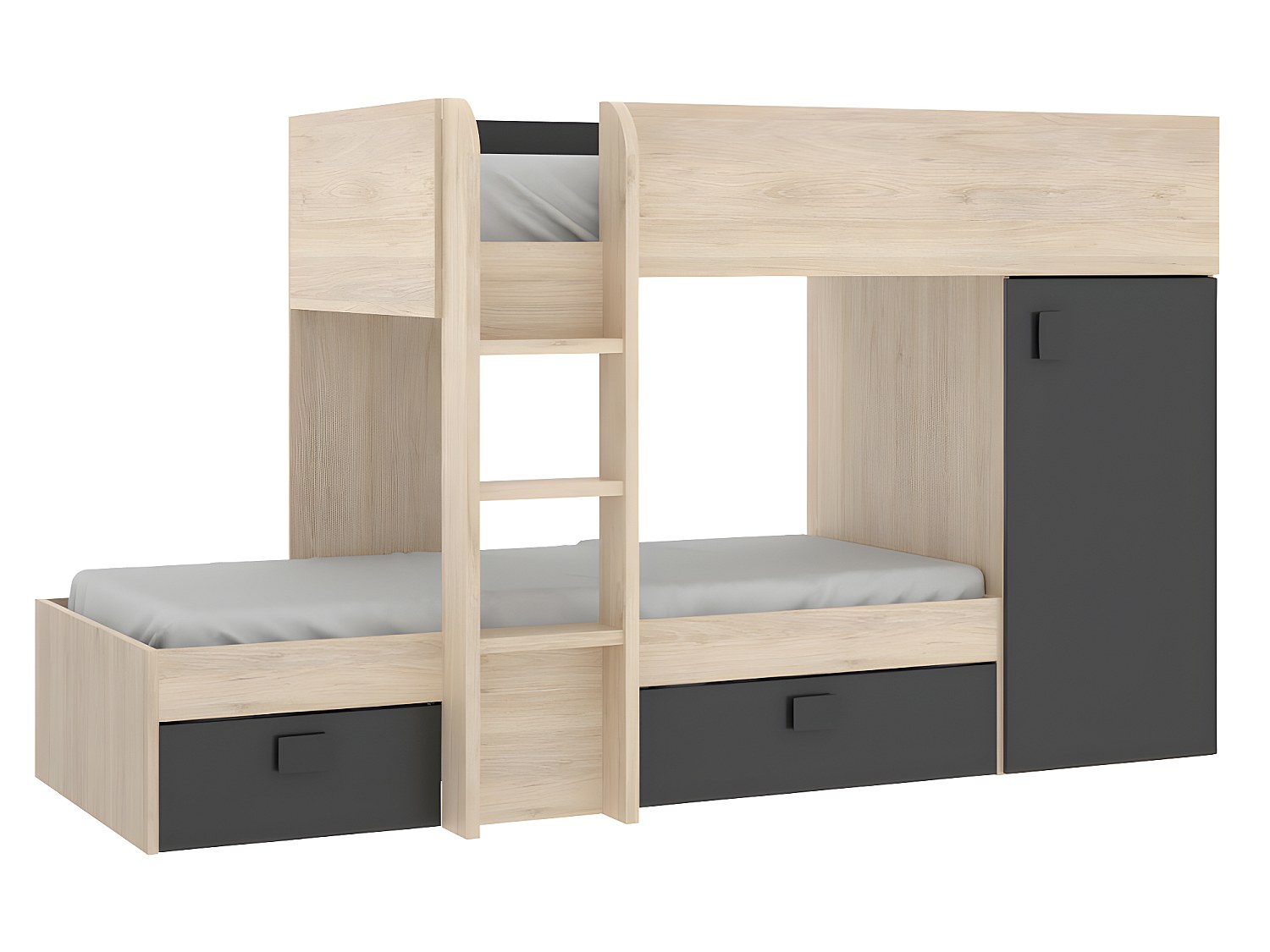 Eck-Hochbett modulierbar - 2 x 90 x 190 cm - mit Stauraum - Holzfarben & Anthrazit + Matratze - RICARDO