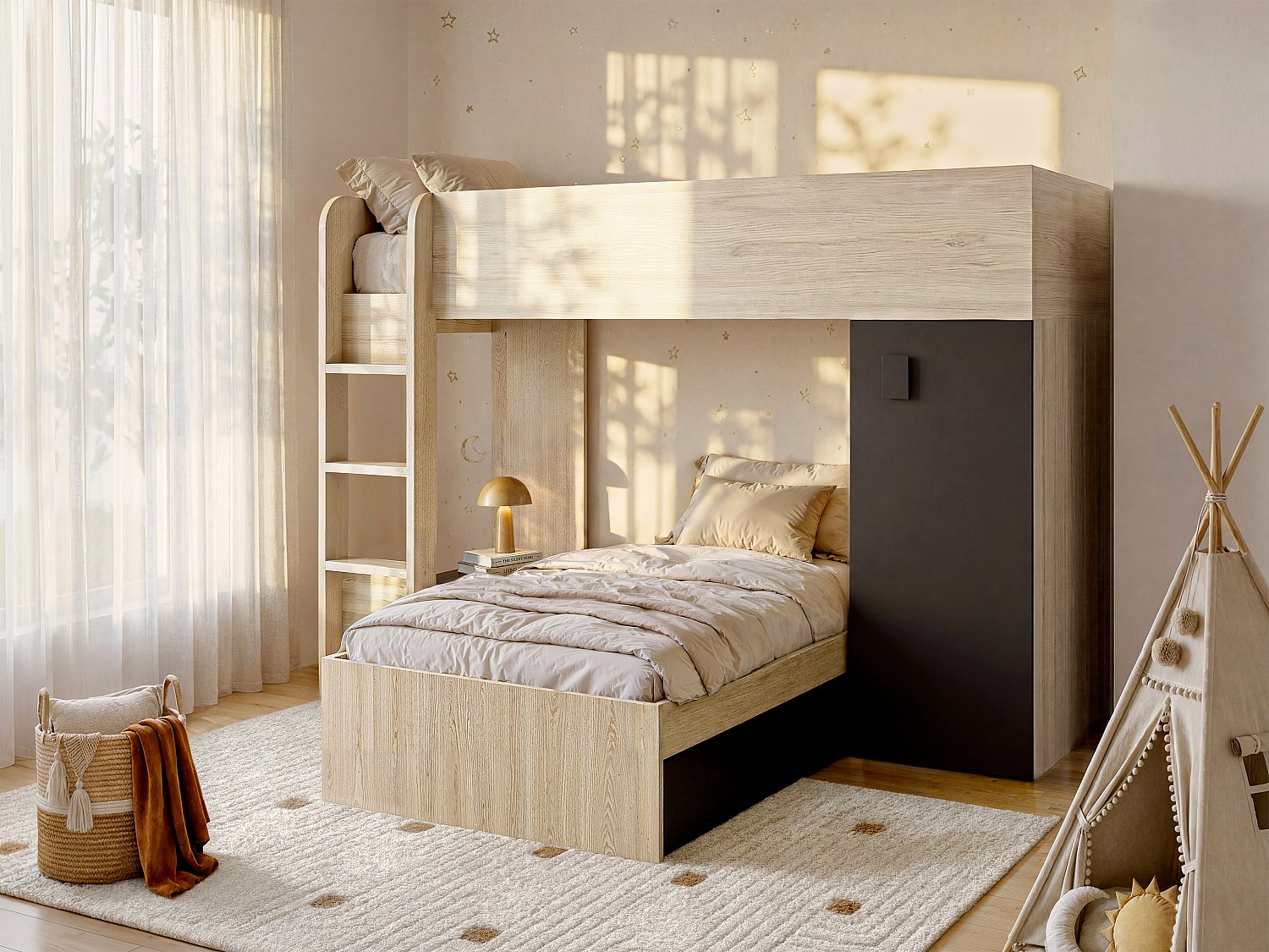 Eck-Hochbett modulierbar - 2 x 90 x 190 cm - mit Stauraum - Holzfarben & Anthrazit + Matratze - RICARDO