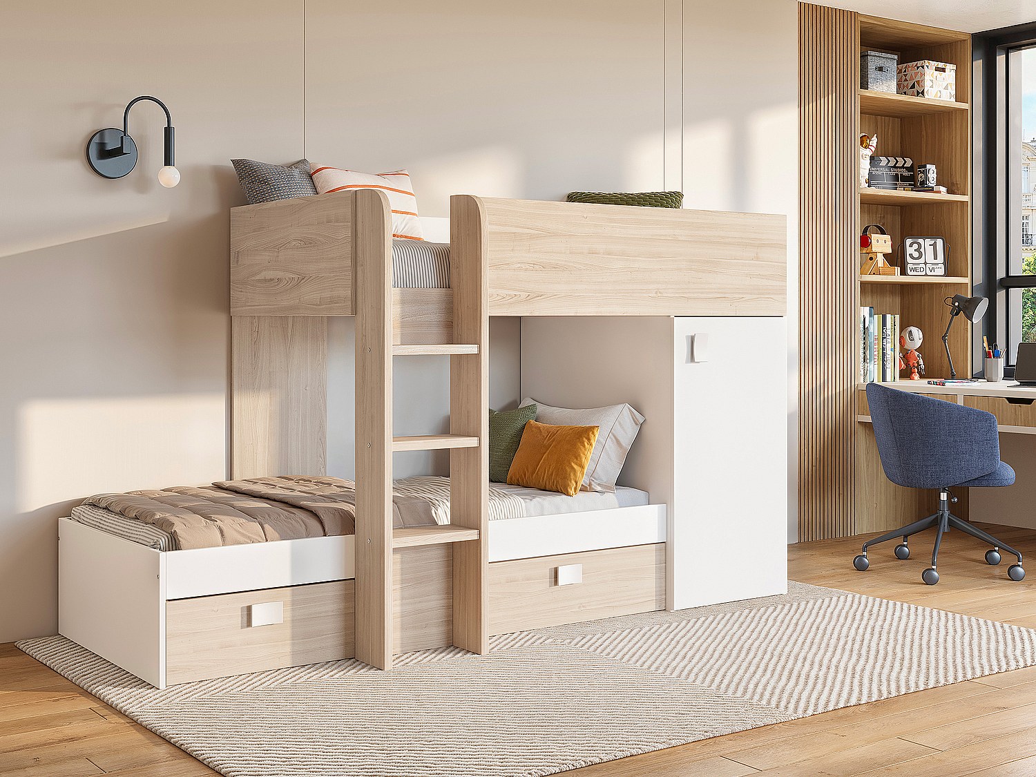 Eck-Hochbett modulierbar - 2 x 90 x 190 cm - mit Stauraum - Holzfarben & Weiß + Matratze - RICARDO