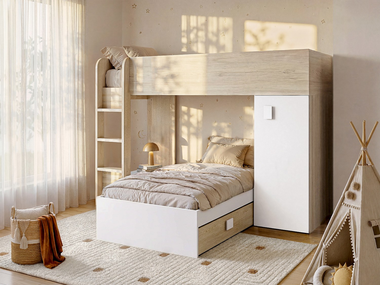 Eck-Hochbett modulierbar - 2 x 90 x 190 cm - mit Stauraum - Holzfarben & Weiß + Matratze - RICARDO