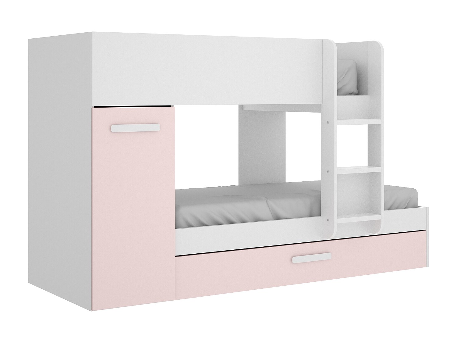 Etagenbett Ausziehbett mit Stauraum + Matratzen - 3x 90 x 190 cm - Weiß, Naturfarben & Rosa - ANTHONY