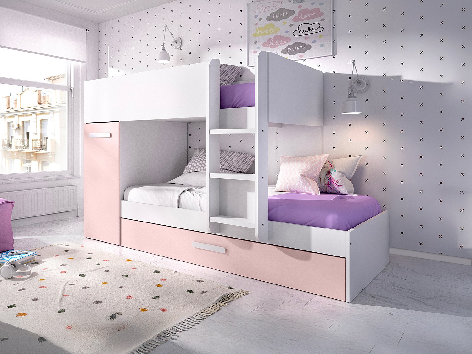 Etagenbett Ausziehbett mit Stauraum + Matratzen - 3x 90 x 190 cm - Weiß, Naturfarben & Rosa - ANTHONY