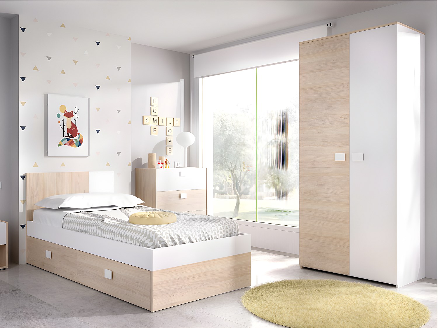 Ausziehbett mit Lattenrost + Matratzen - 2 x 90 x 190 cm - Naturfarben & Weiß - SONIA