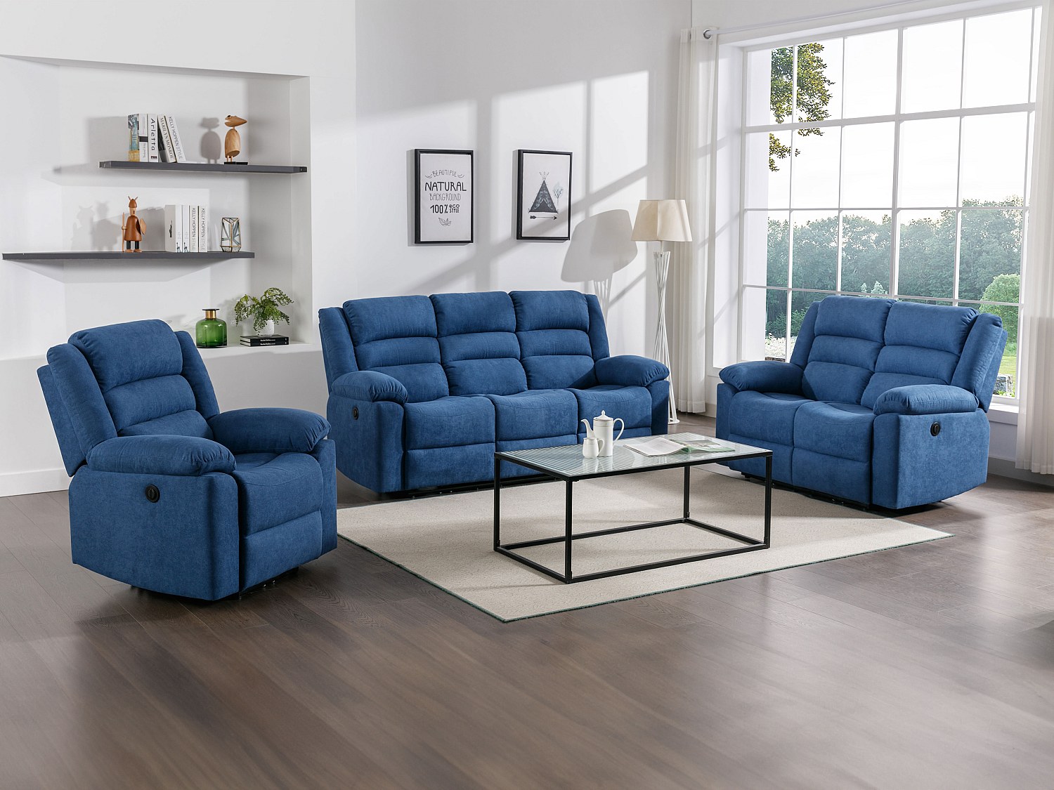 3-Sitzer-Sofa, 2-Sitzer-Sofa & elektrischer Relaxsessel - Blau - Stoff - BUROLO