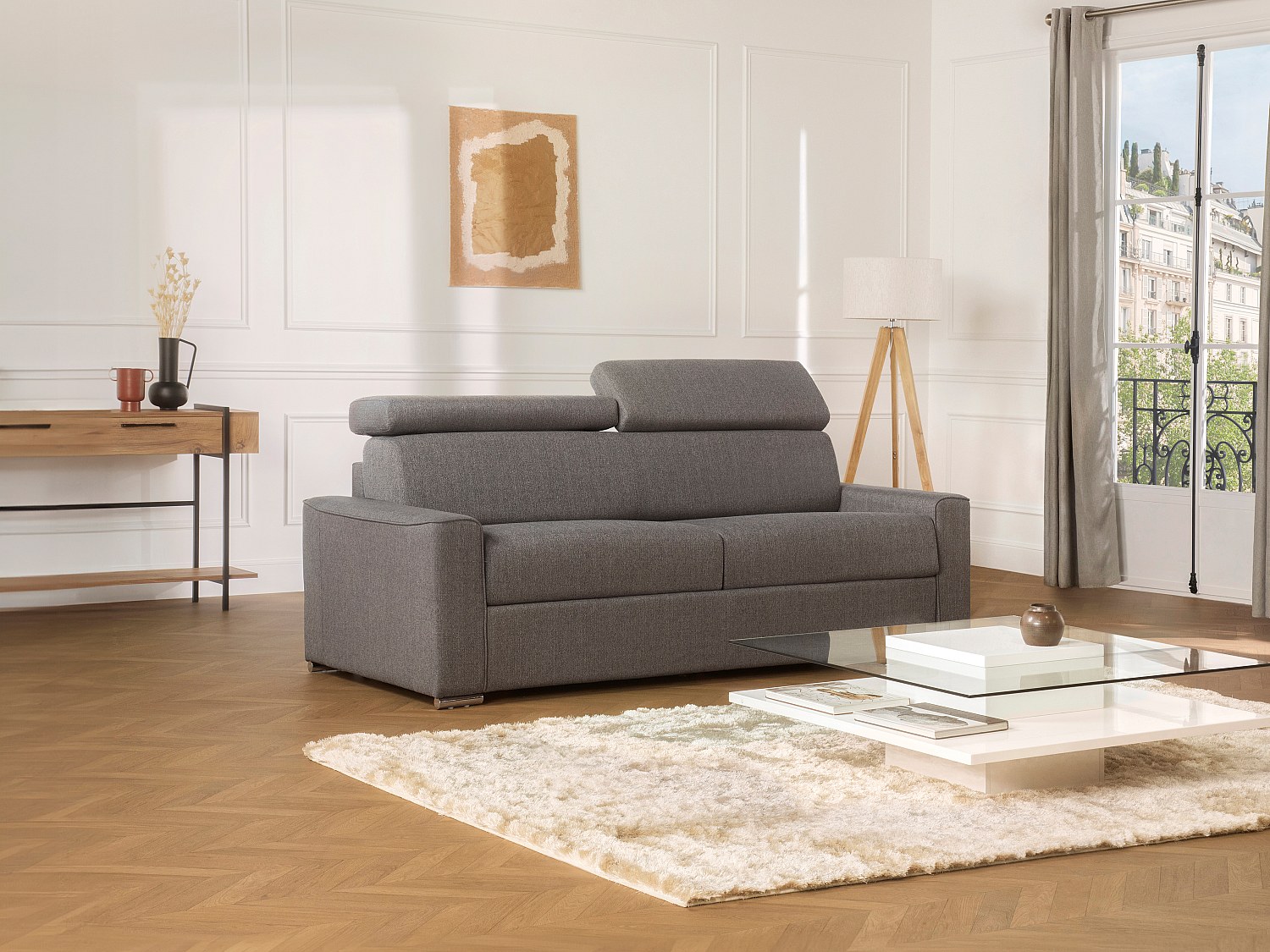 Schlafsofa 4-Sitzer - Liegefläche mit Lattenrost: 160 cm - Matratzenhöhe: 18 cm - Stoff - Grau - VIZIR