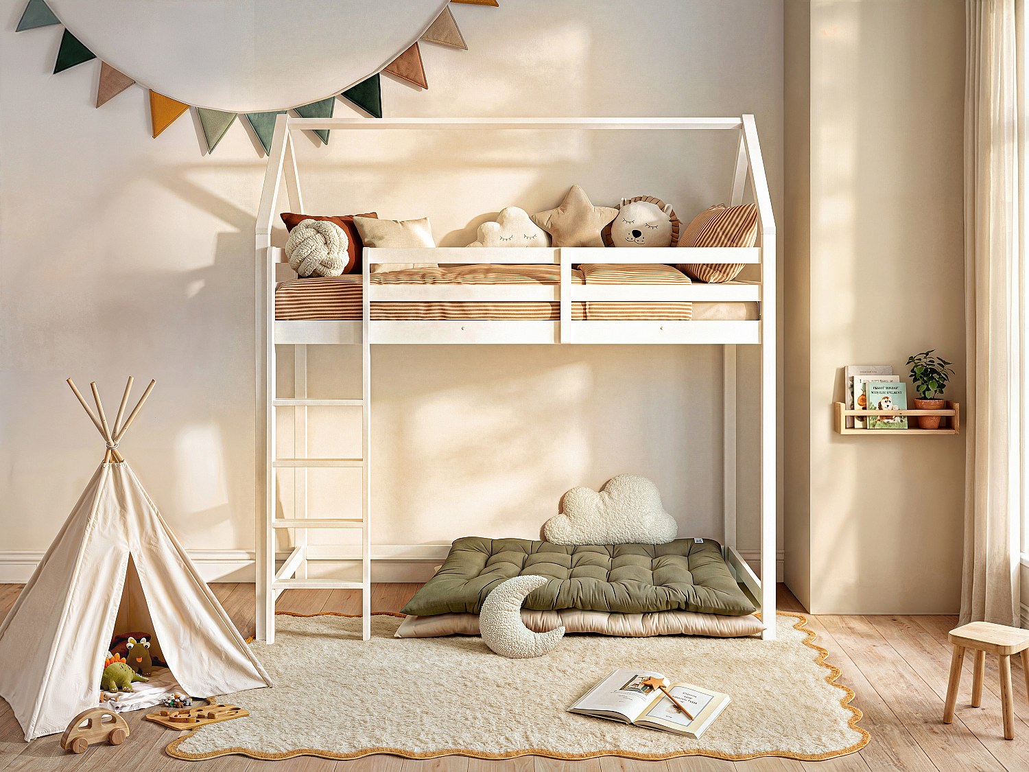 Hochbett Hausbett - Kiefernholz - 90 x 190 cm - Weiß - TARZIA