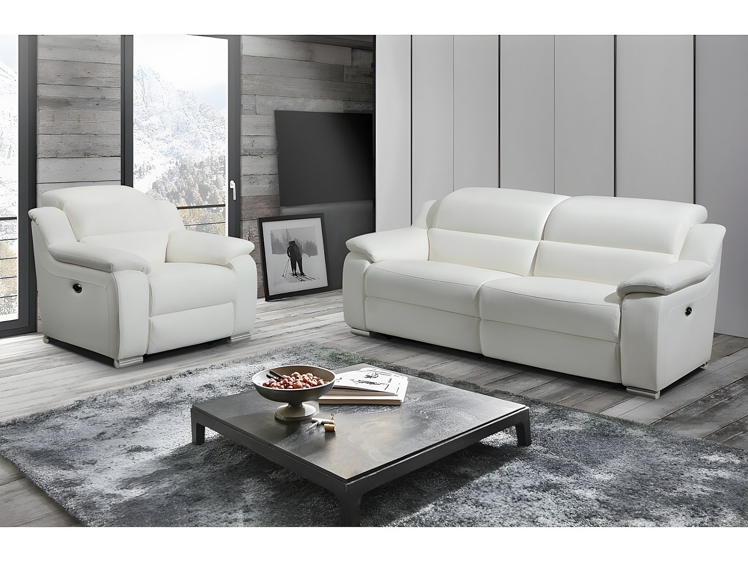 Couchgarnitur mit Relaxfunktion 3+1 - Leder - Elfenbeinfarben - ARENA III