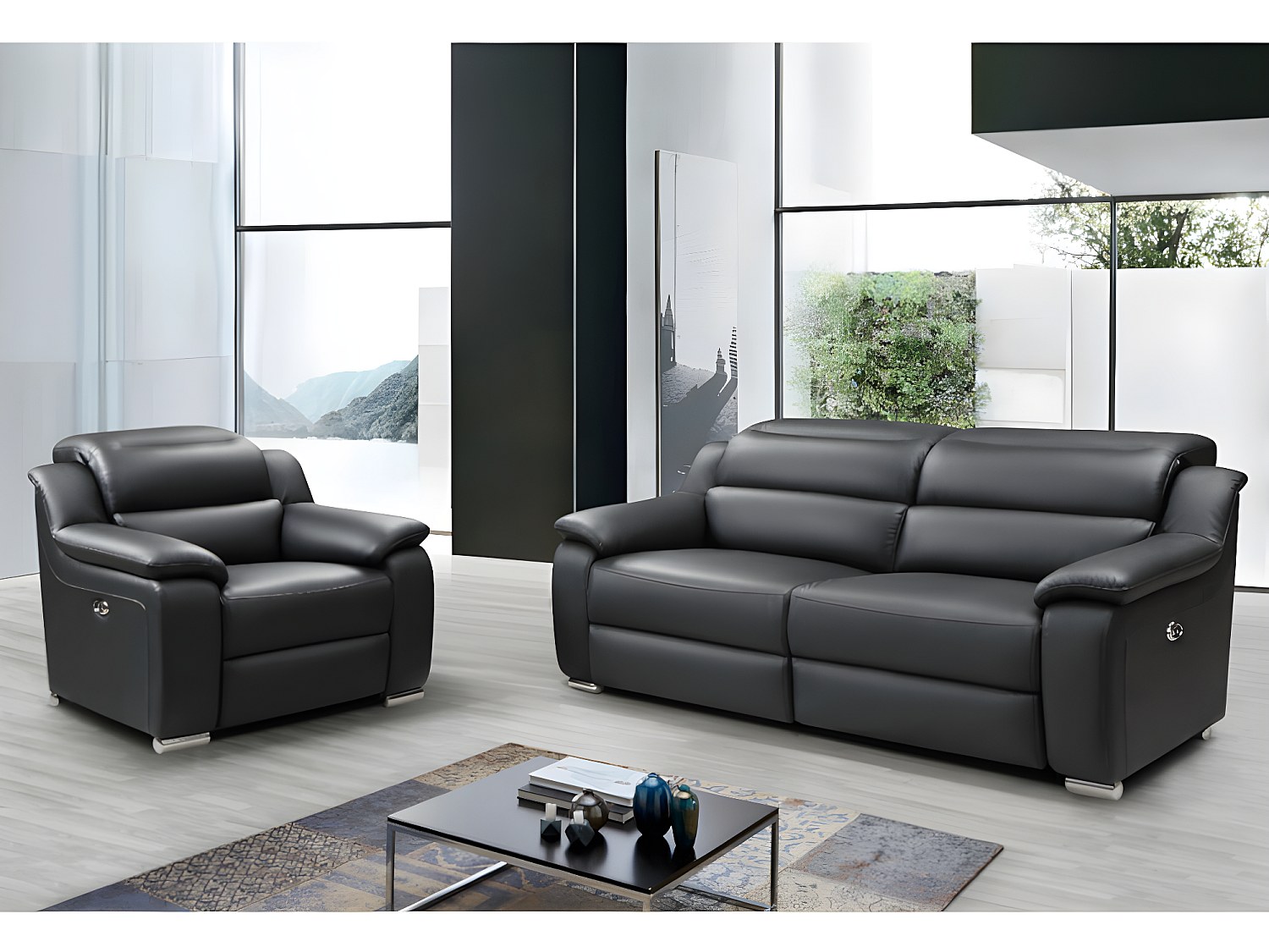 Couchgarnitur mit Relaxfunktion 3+1 - Leder - Schwarz - ARENA III