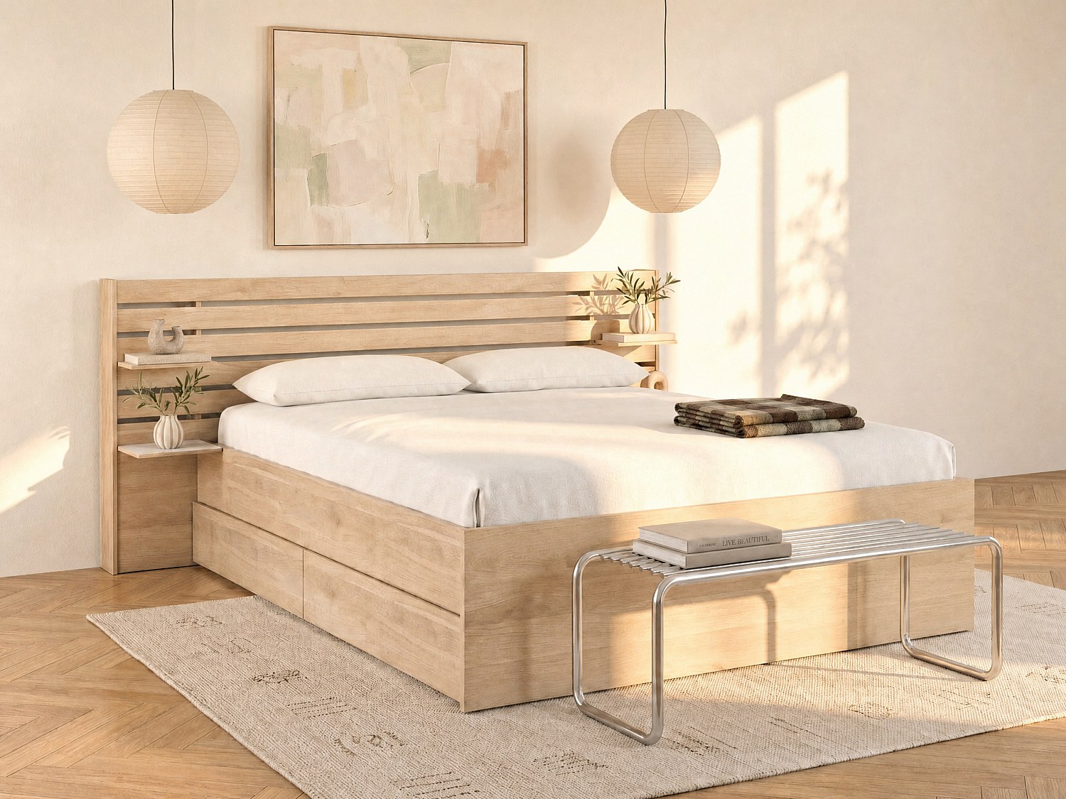 Bett 140 x 190/200 cm mit Stauraum + Lattenrost - Holzfarben - TENALIA II