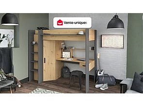 Hochbett mit Schreibtisch + Kleiderschrank - 90 x 200 cm - Naturfarben & Anthrazit - AUCKLAND