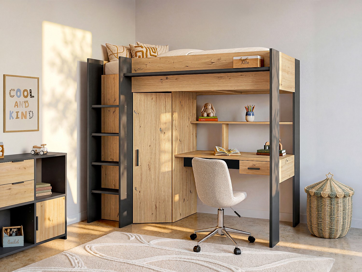 Hochbett mit Schreibtisch + Kleiderschrank - 90 x 200 cm - Naturfarben & Anthrazit - AUCKLAND