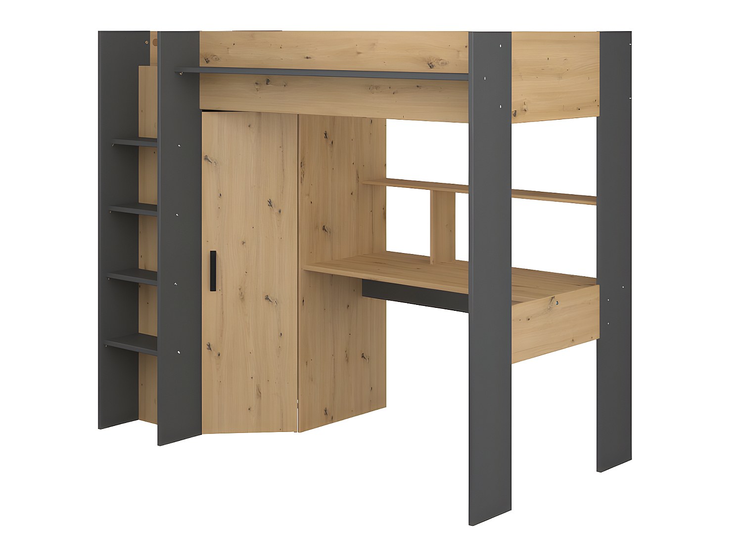 Hochbett mit Schreibtisch + Kleiderschrank + Matratze - 90 x 200 cm - Naturfarben & Anthrazit - AUCKLAND