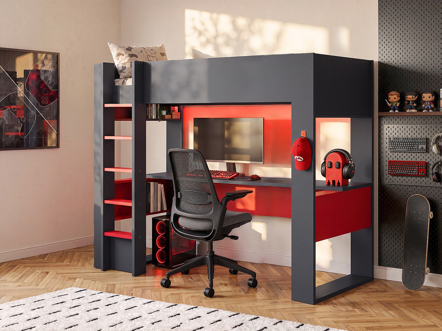 Hochbett mit Gaming-Schreibtisch & Stauraum + LEDs + Matratze - 90 x 200 cm - Anthrazit & Rot - NOAH