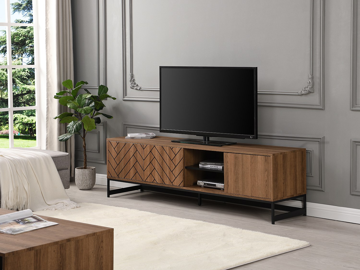 TV Möbel mit 3 Türen & 2 Ablagen - MDF - Naturfarben & Schwarz - CARATANA