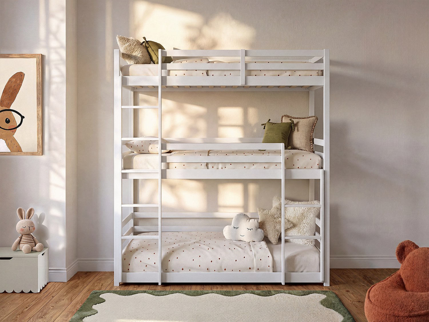 Etagenbett 3 Personen - Kiefernholz - 3 x 90 x 200 cm - Weiß - VAGAR