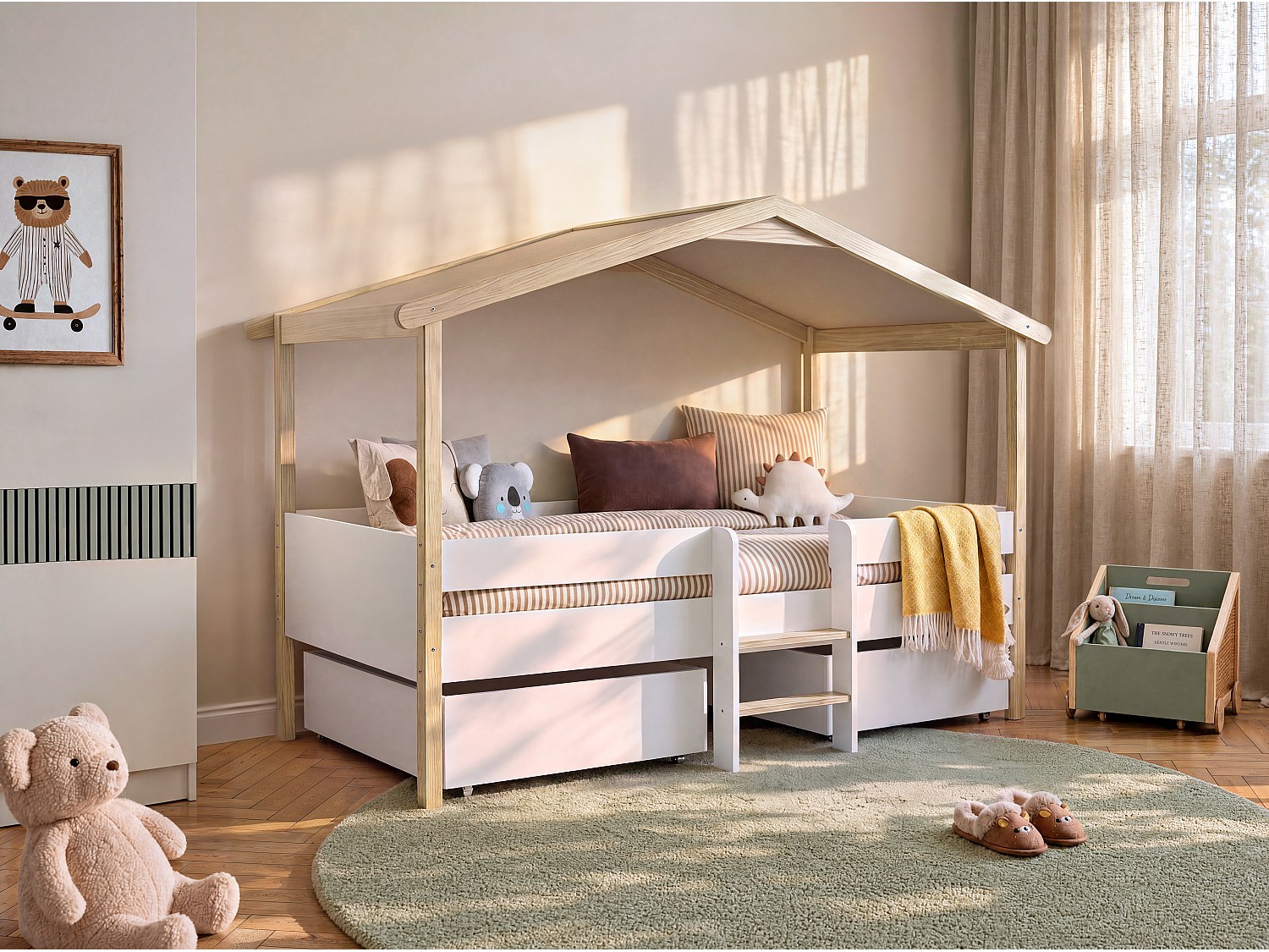 Kinderbett Hausbett mit Schubladen + Matratze - Lindenholz - 90 x 190 cm -  Weiß & Eichefarben - SAROSI
