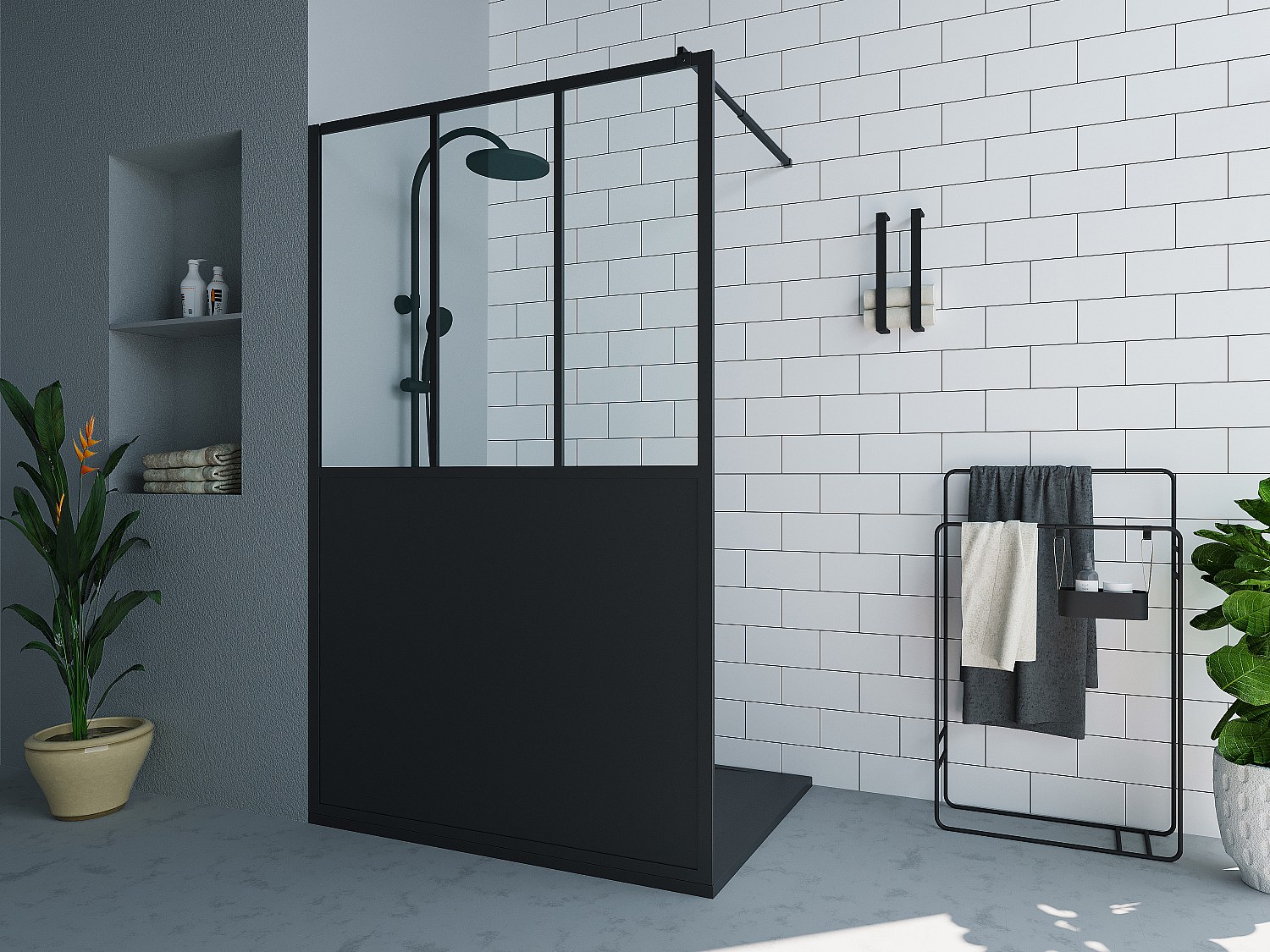 Duschtrennwand Seitenwand italienische Dusche - Schwarz matt - Industrial Style - 120 x 200 cm - URBANIK