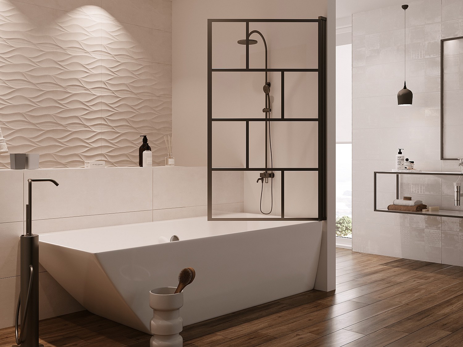 Duschtrennwand für die Badewanne – 80 x 140 cm – Glas – Schwarz matt – RIVANON