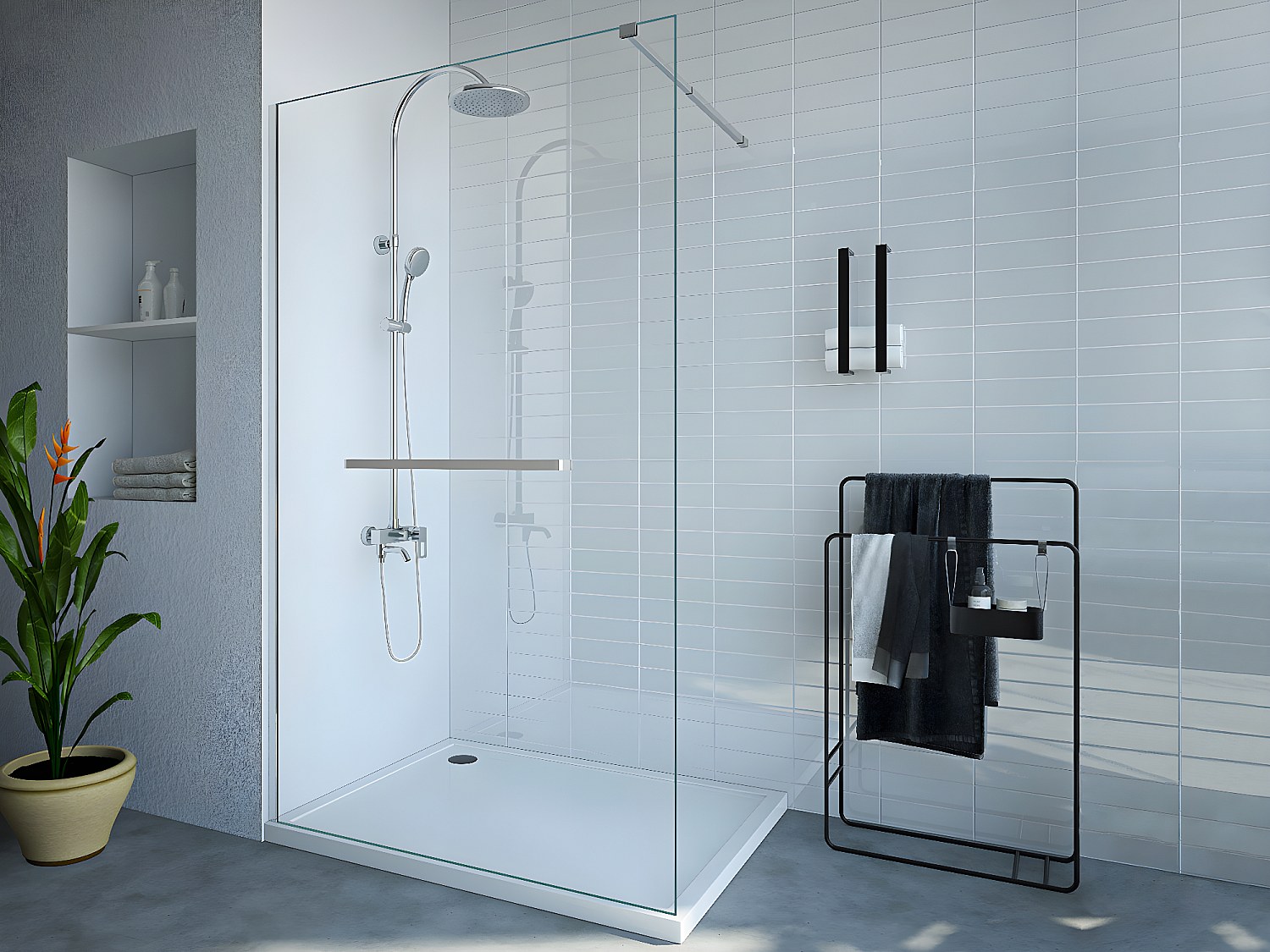 Duschtrennwand Seitenwand italienische Dusche mit Handtuchhalter - 120 x 200 cm - Sicherheitsglas - Chromfarben - KRISTEN