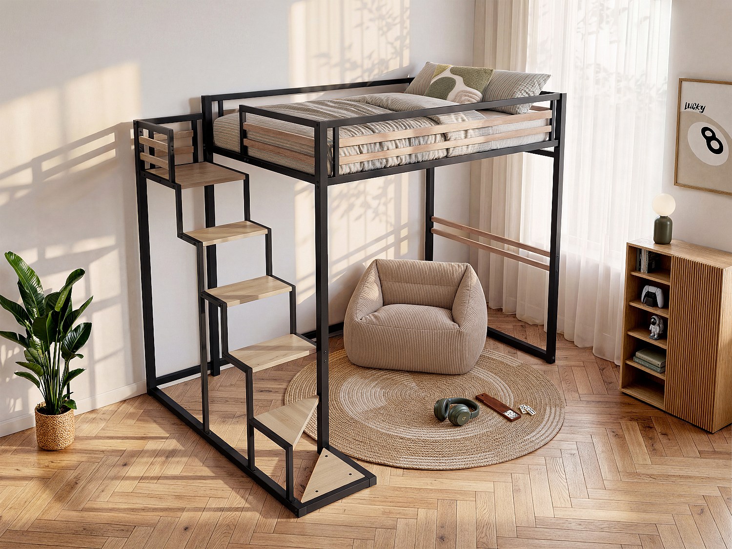 Hochbett - 140 x 200 cm - Metall & MDF - Naturfarben & Schwarz - JOGUI