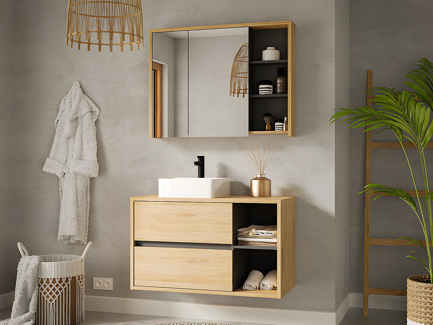Waschbeckenunterschrank hängend mit quadratischem Waschbecken und Spiegelschrank - Naturfarben - 100 cm - PURNAL