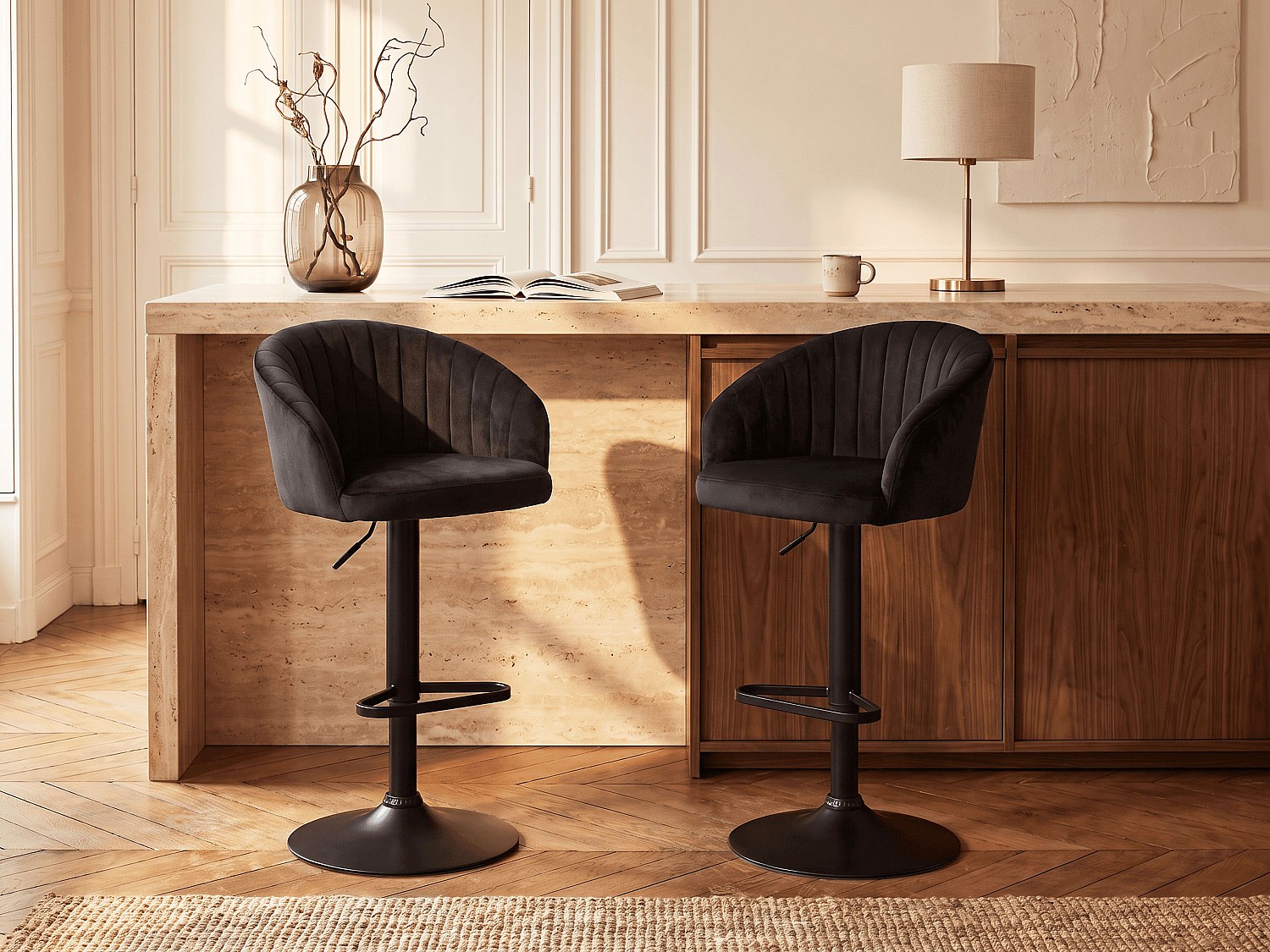 Barhocker 2er-Set - Samt & Metall - Schwarz - DORALIZ