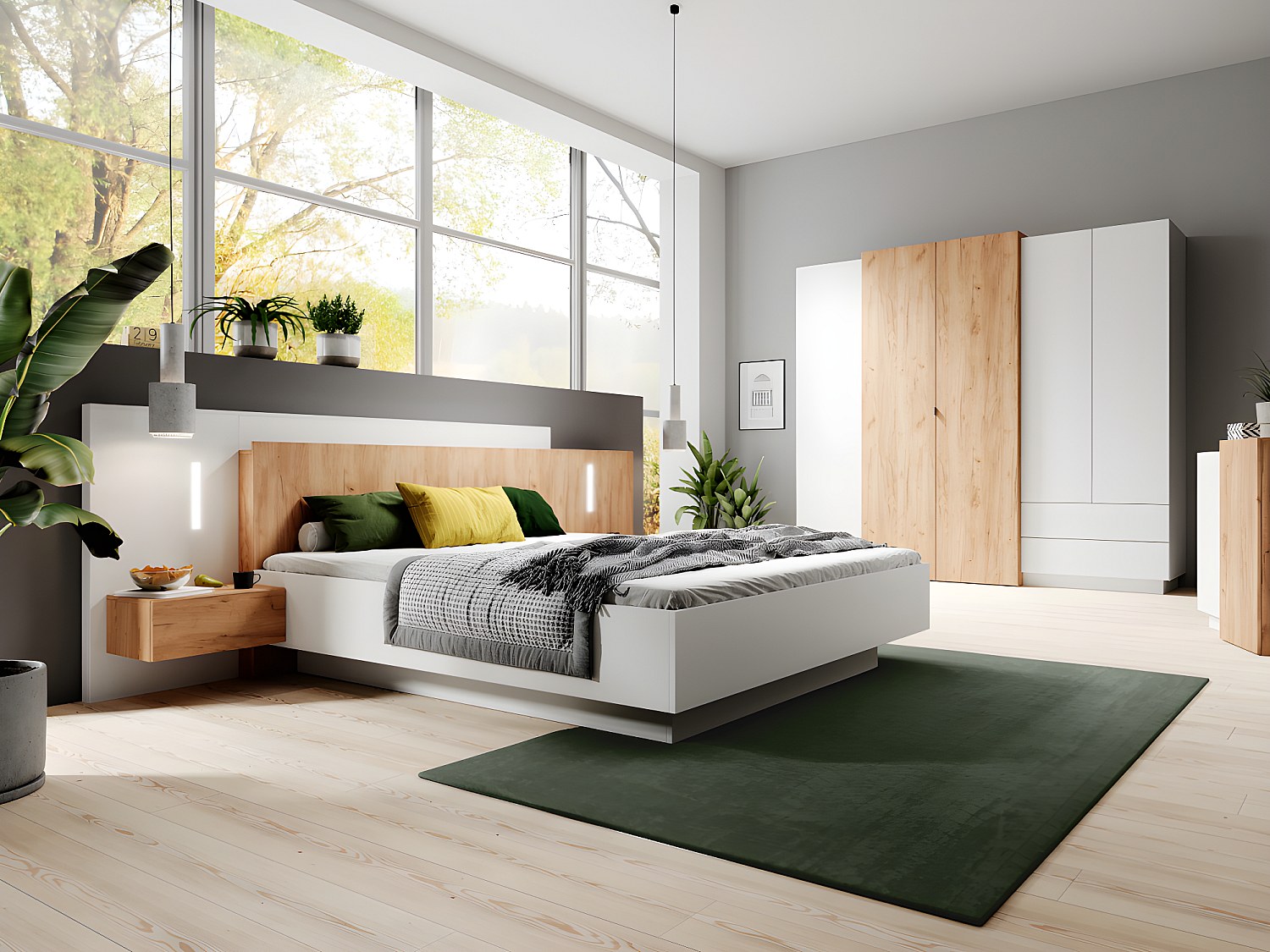 Bett mit integrierten Nachttischen - 160 x 200 cm - 2 Schubladen + LEDs - Weiß & Naturfarben - FRANCOLI