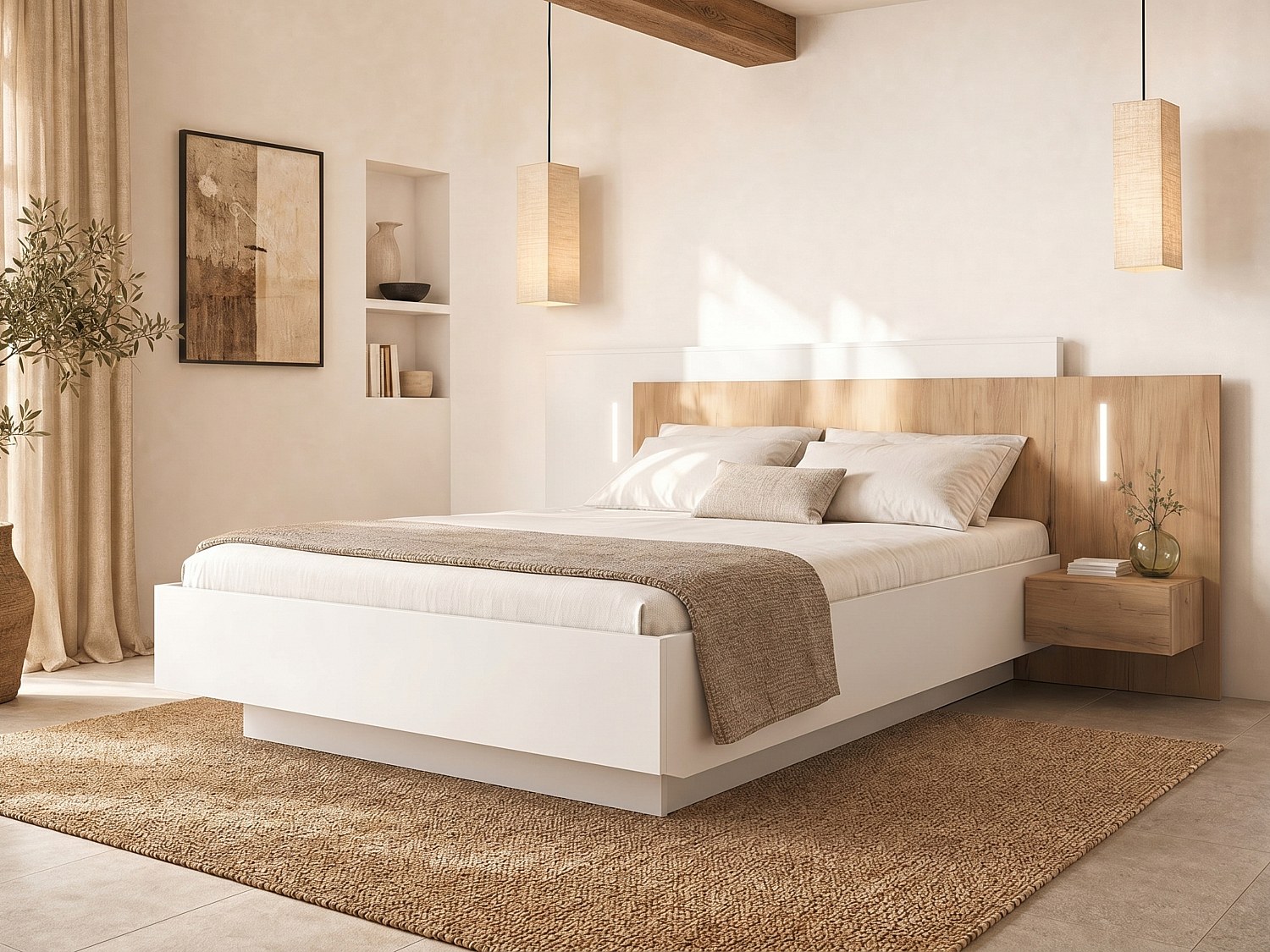 Bett mit integrierten Nachttischen - 160 x 200 cm - 2 Schubladen + LEDs - Weiß & Naturfarben - FRANCOLI